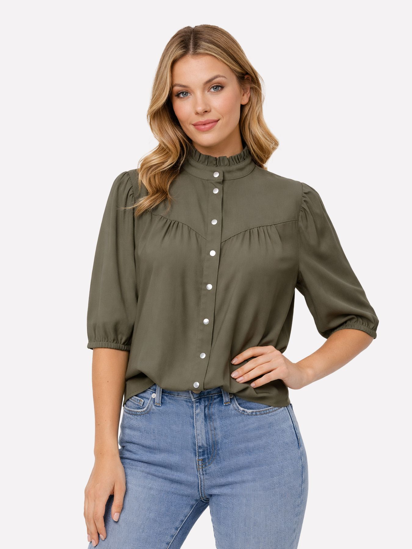 Only ONLARIS  LIFE 2/4 FRILL SHIRT WVN C Smokey Olive 00117665-EKA26011400003334