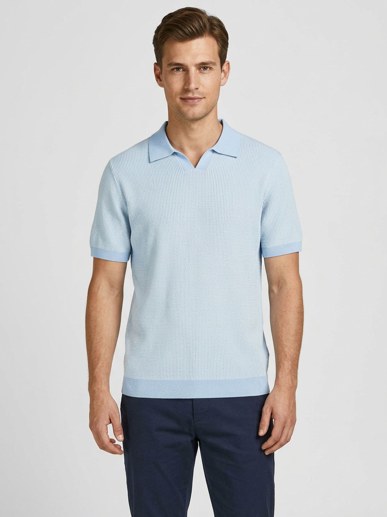 Jack & Jones JPRBLAHUDSON KNIT SPLIT NECK SS SN Chambray Blue/w. White 00117772-EKA26011400002648