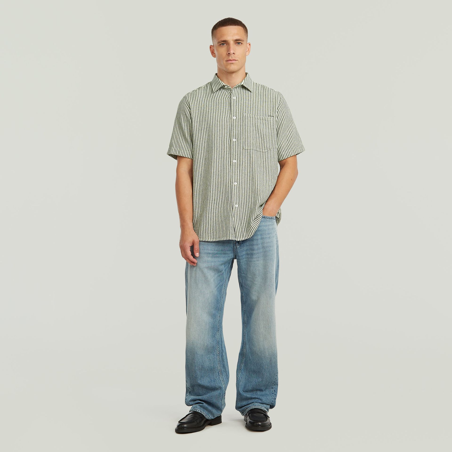 G-star Raw One Pkt Regular Shirt s\s J112 dk nuri green wide stripe 2900165344040