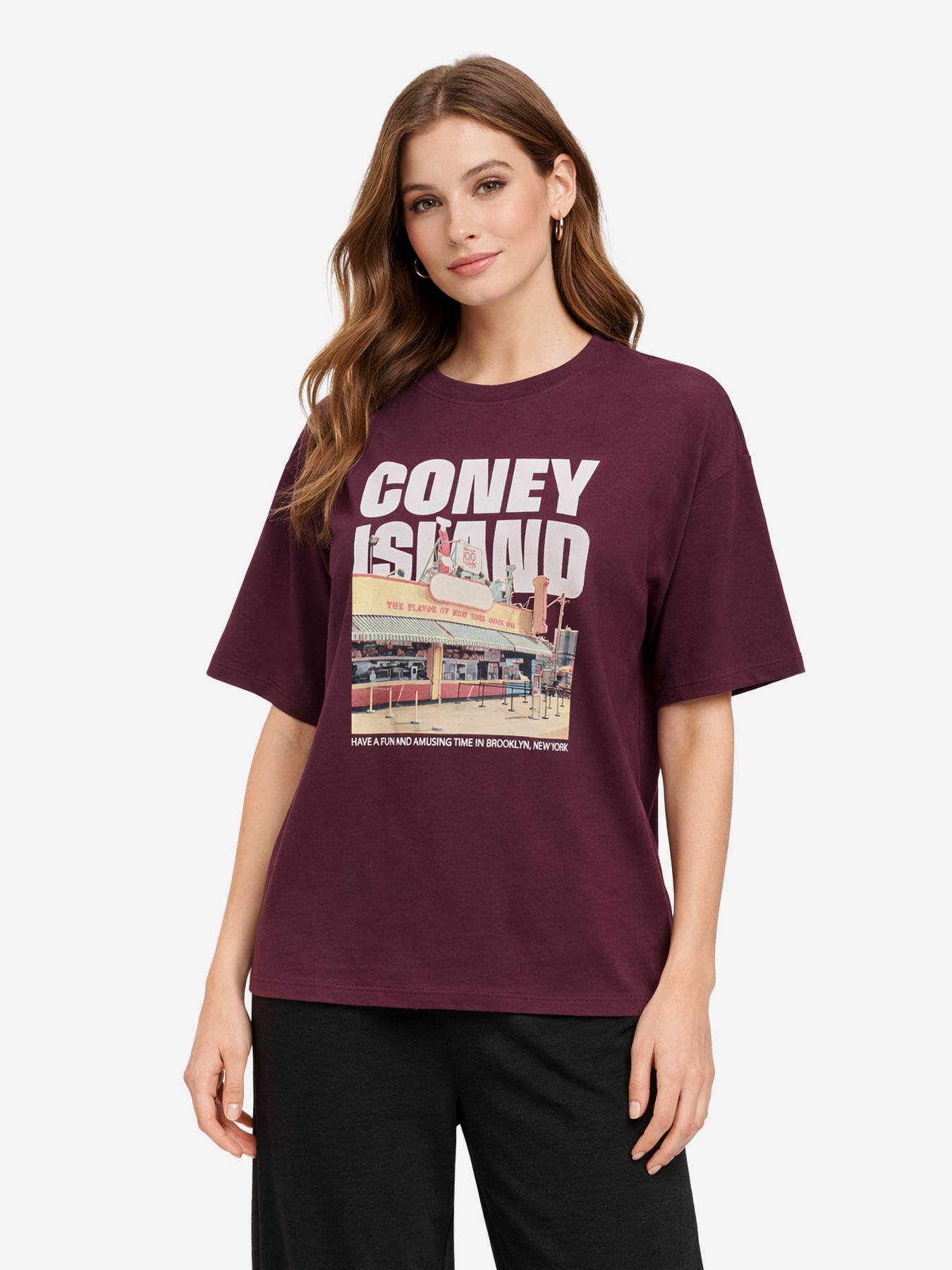 Only ONLMILA S/S PRINT BOX JRS Grape Wine/Mila coney island front 00117856-EKA26011400003423