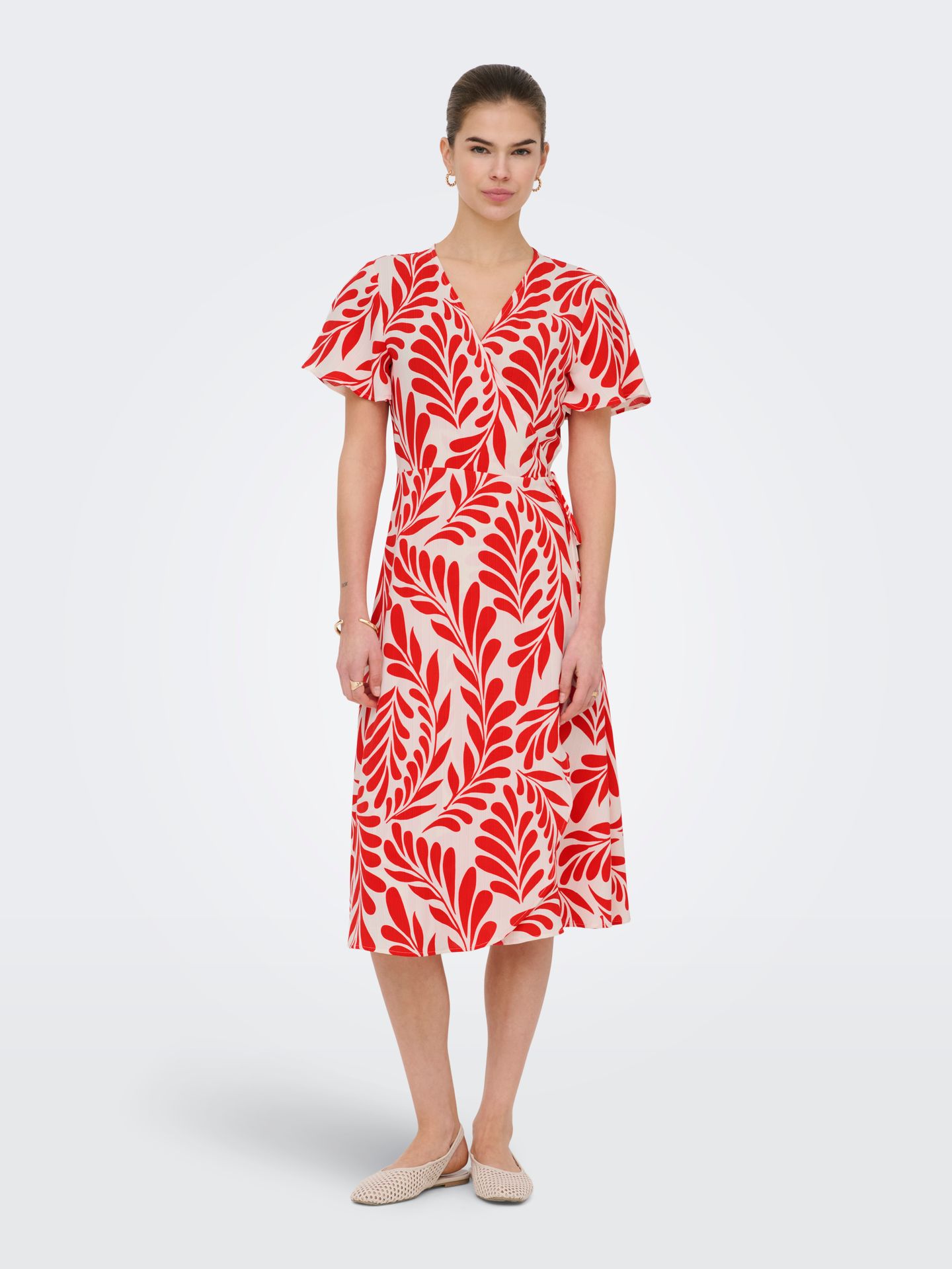 Only ONLCALI LIFE S/S WRAP DRESS WVN NOO Poppy Red/LEAF 2900166329015