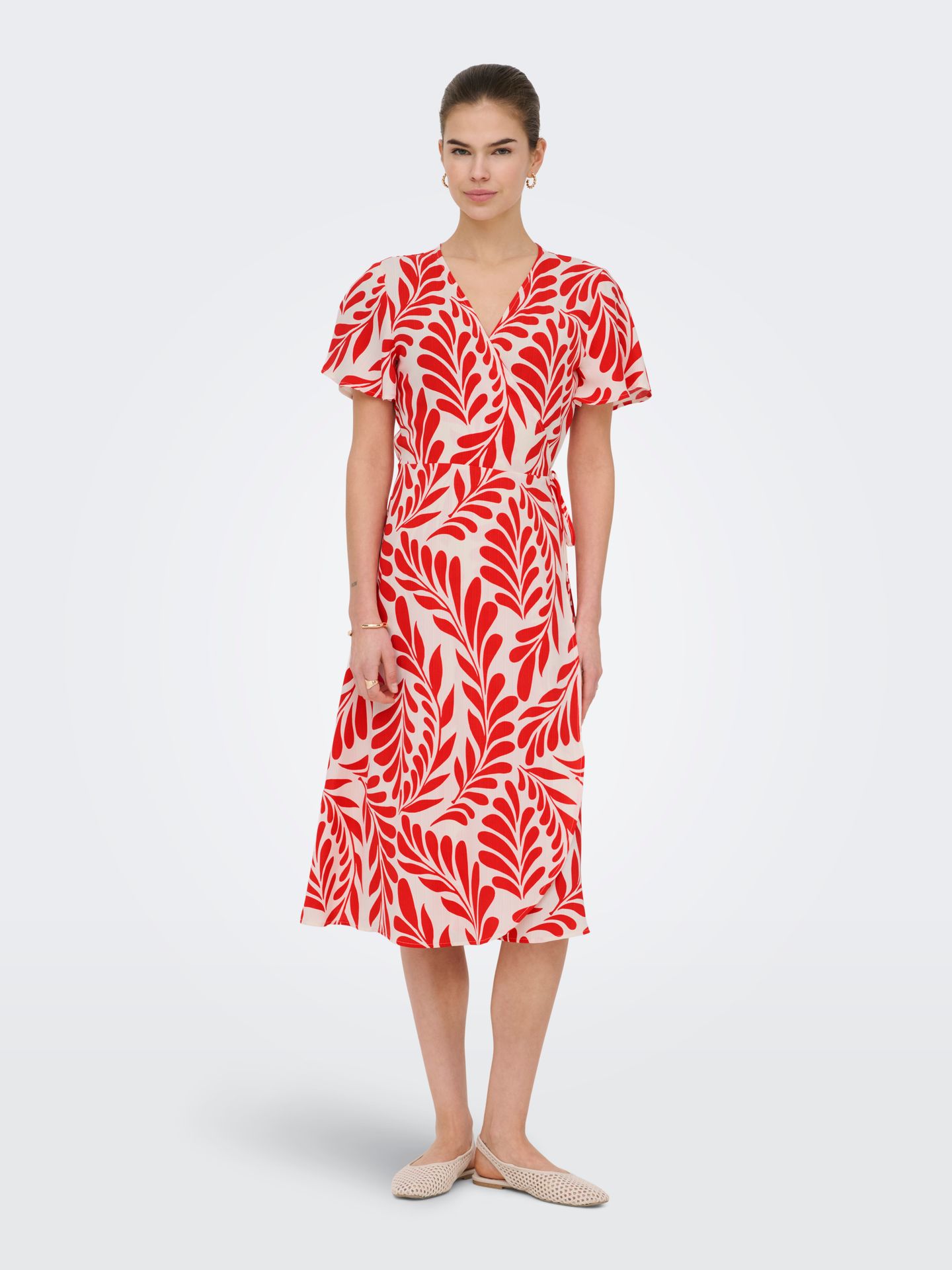 Only ONLCALI LIFE S/S WRAP DRESS WVN NOO Poppy Red/LEAF 2900166329015