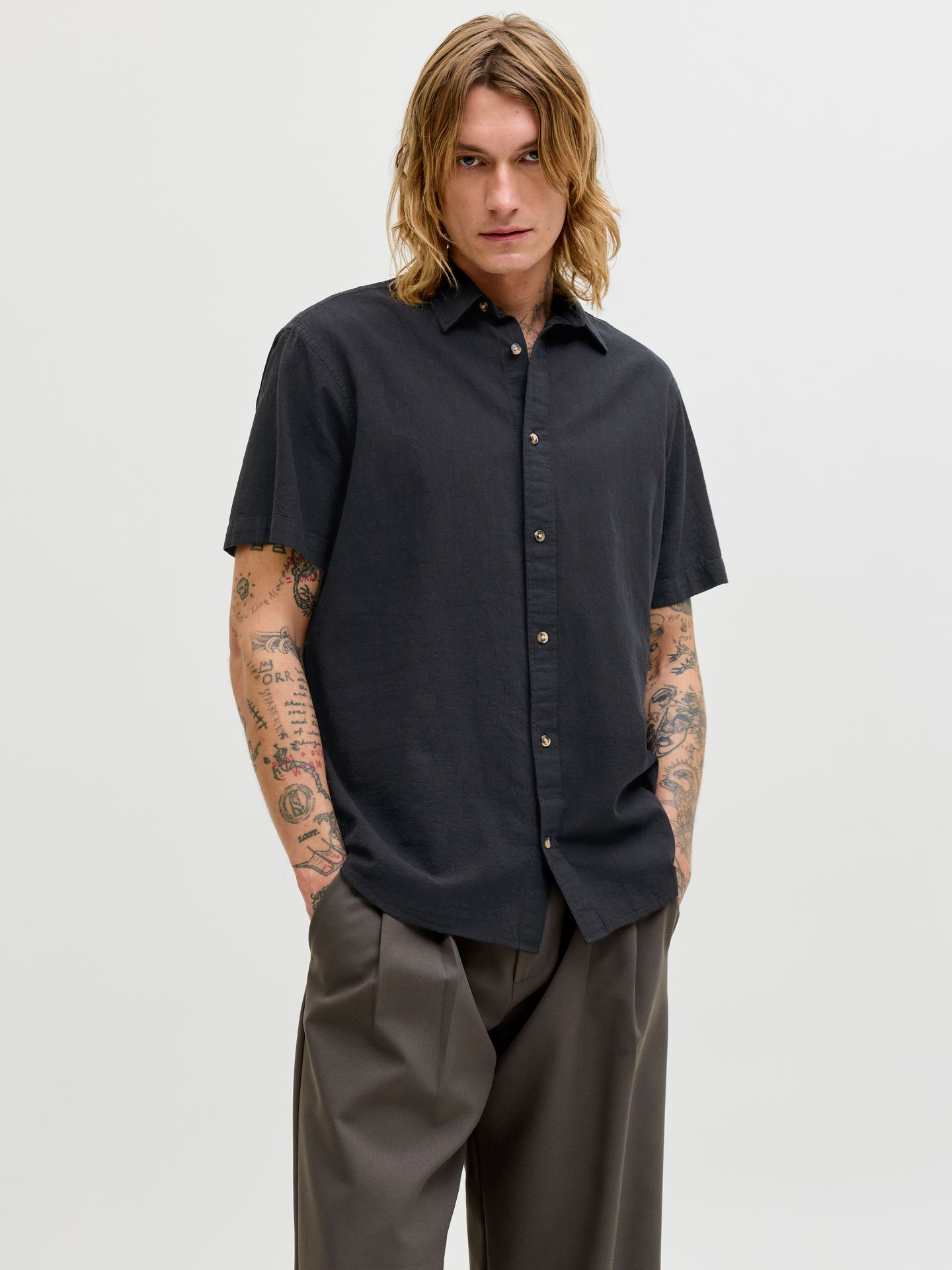 Jack & Jones JJESUMMER LINEN BLEND SHIRT S/S SN Black 2900165928011