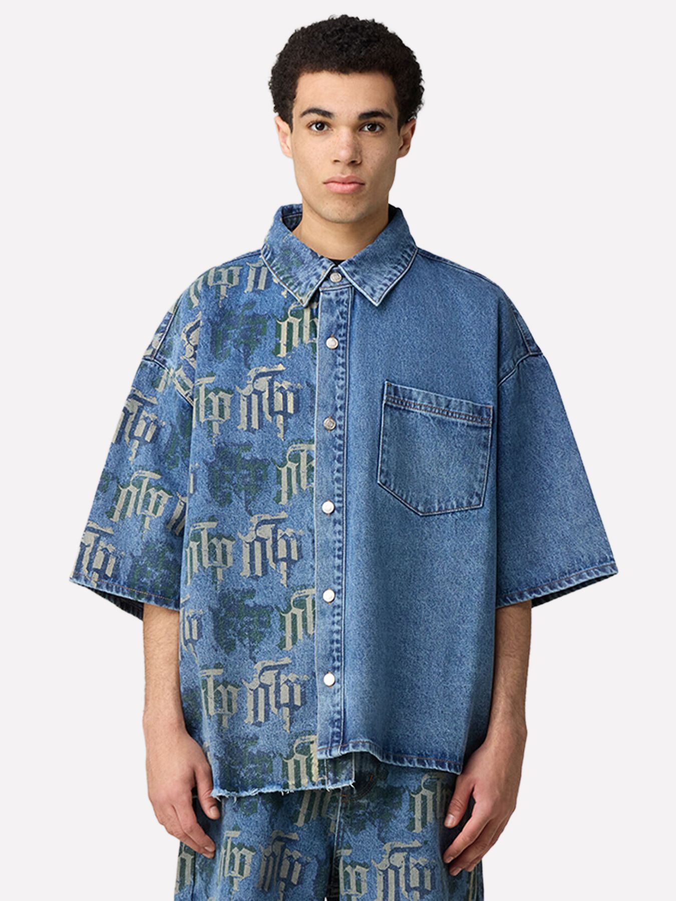 Off The Pitch Fraktur printed denim shirt Stone wash 00118425-605