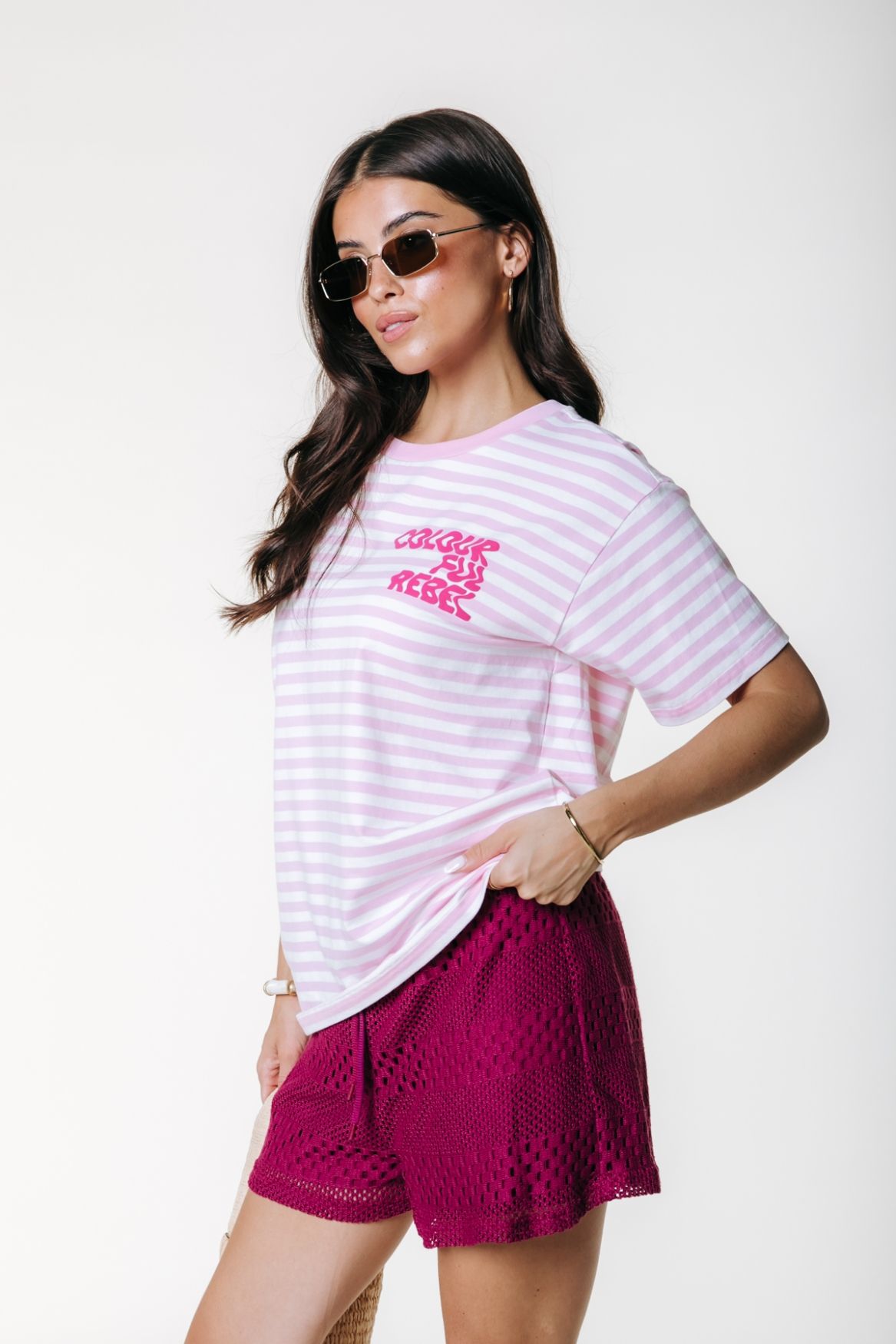 Colourful Rebel Puff Logo Stripe Loosefit Tee 612 light pink 2900166741039