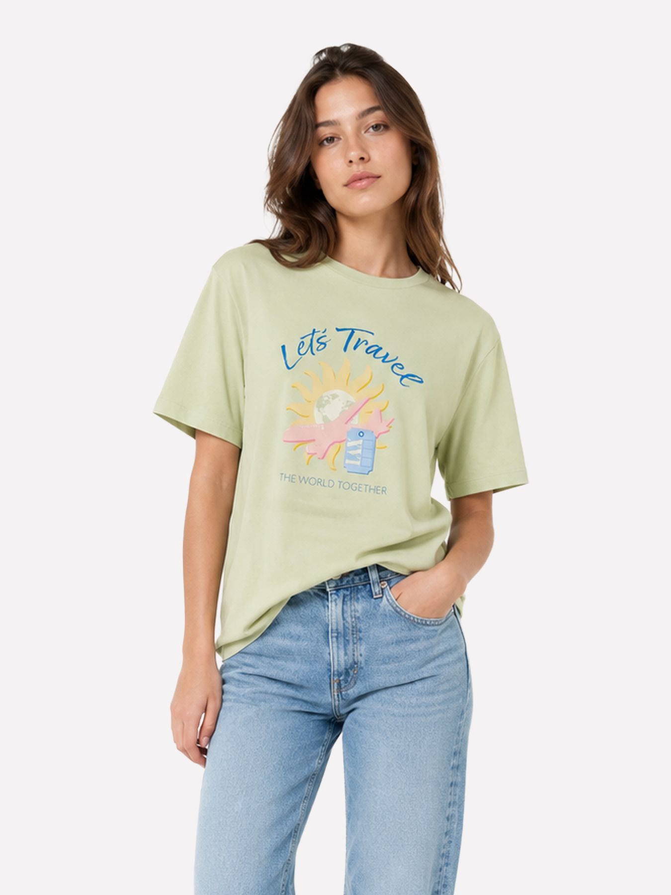 Vero Moda VMNINNA MIA SS TOP BOX JRS Fog Green/LETS TRAVEL 00118578-EKA26011400003539