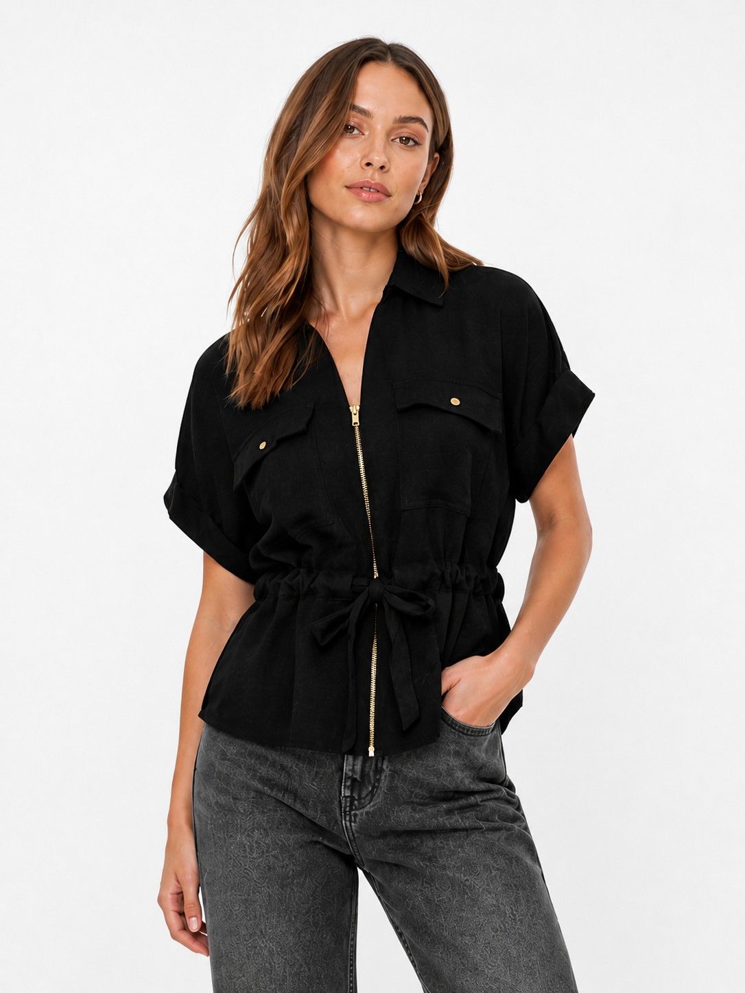 JDY JDYMILLE S/S ZIP SHIRT WVN NOOS Black 00118580-EKA26011400000004