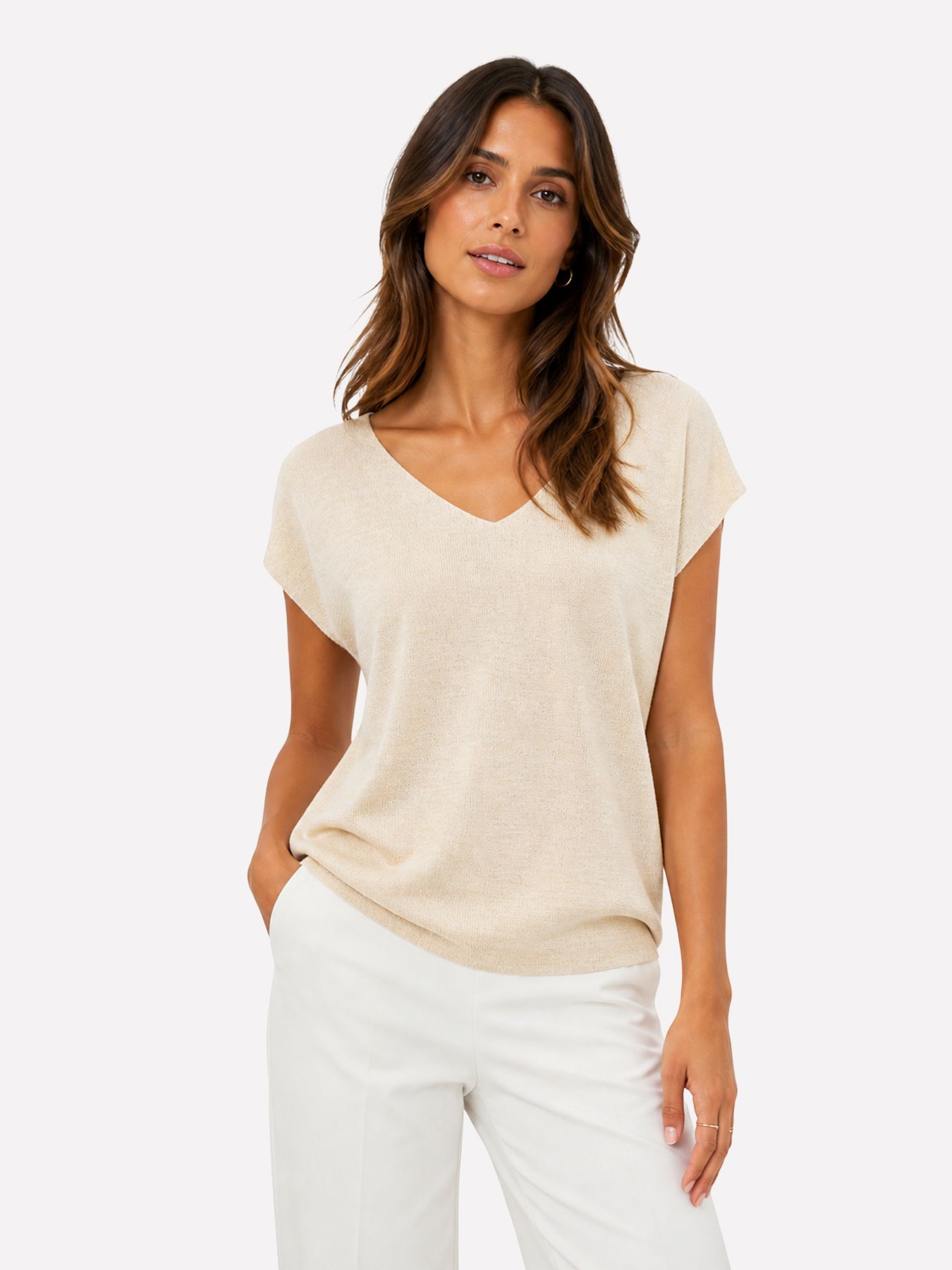 Only ONLSHINA SS GLITTER V-NECK CS KNT Birch/BLACK GRAPHIC 2900166827016