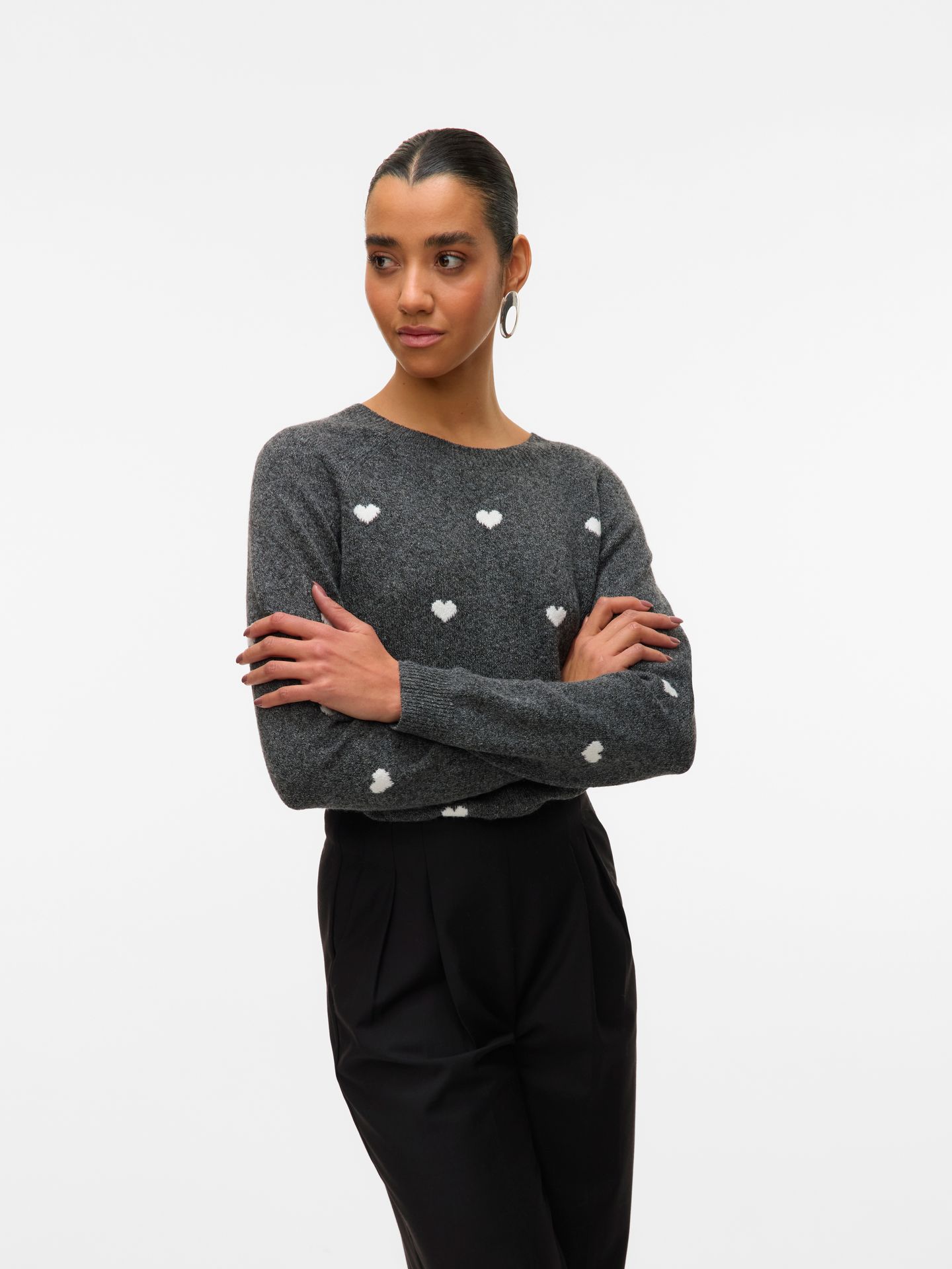Vero Moda VMDOFFY INTARSIA LS O-NCK PULLOV GA Dark Grey Melange/W. BIRCH 2900168327019