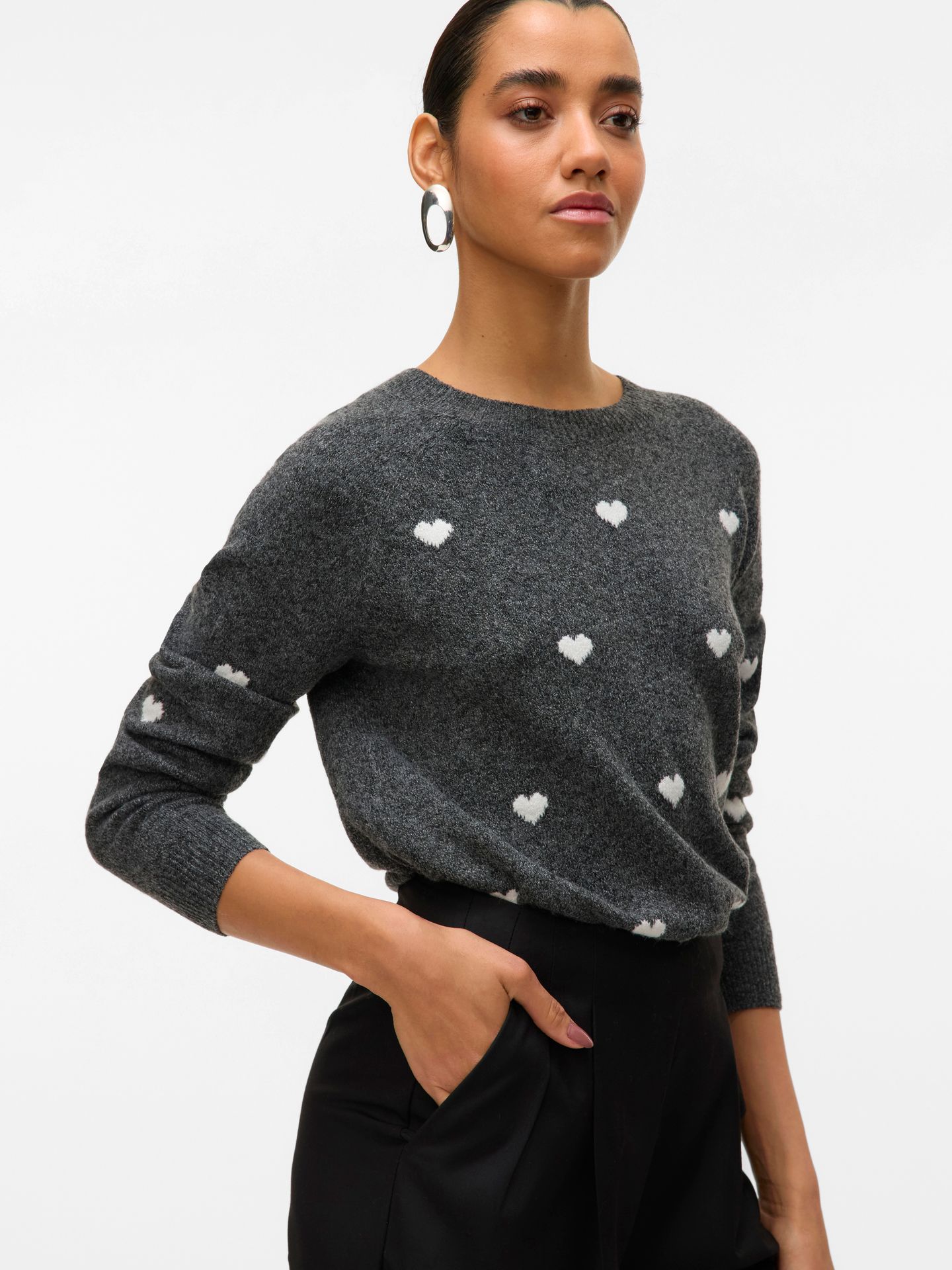 Vero Moda VMDOFFY INTARSIA LS O-NCK PULLOV GA Dark Grey Melange/W. BIRCH 2900168327019