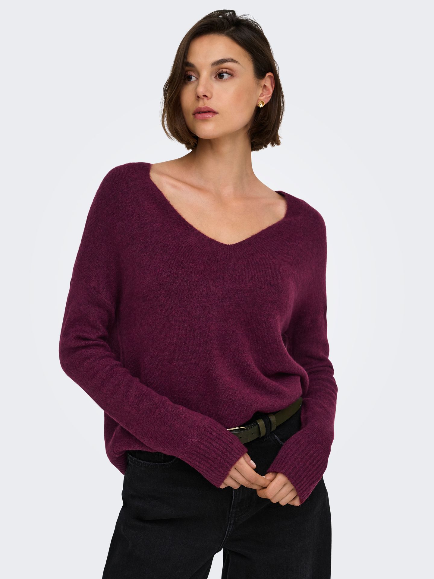 JDY JDYELANORA L/S V-NECK PULLO. KNT NO Windsor Wine/BLACK BUTTONS 2900168533014