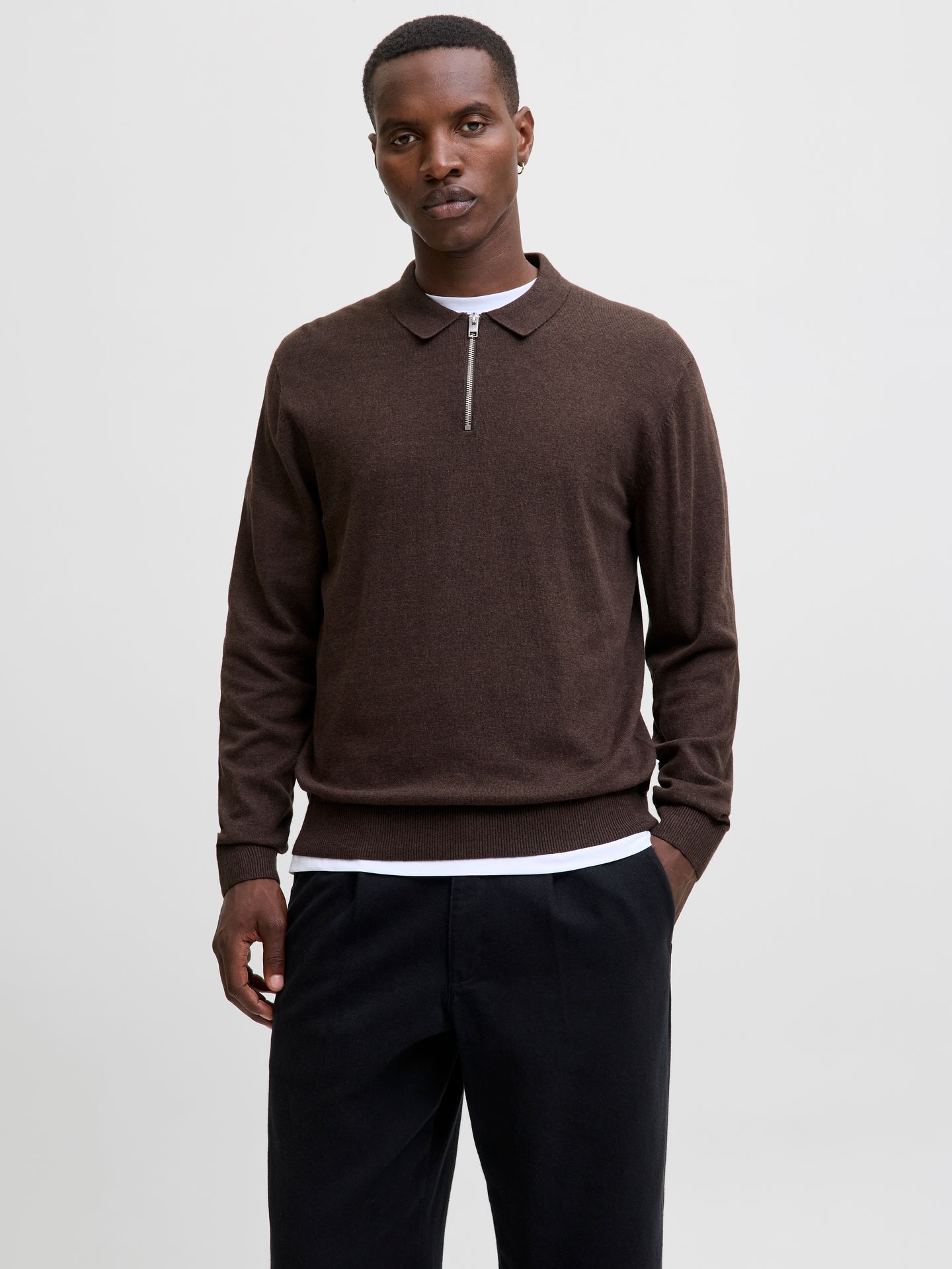 Jack & Jones JJEEMIL KNIT POLO HALF ZIP LS NOOS Mulch/TWIST 2900168557058