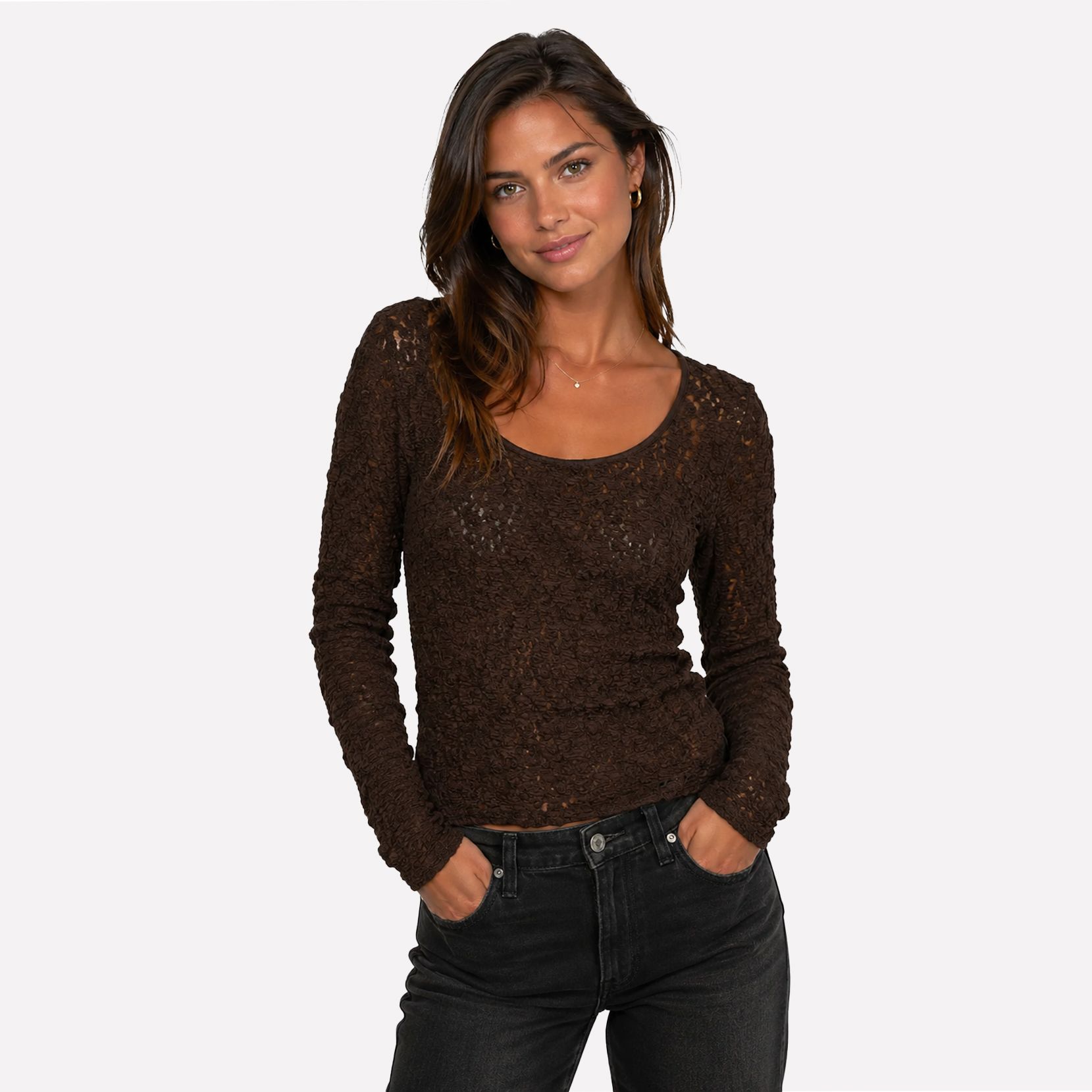 Vero Moda VMFLORA LS 2-WAY LACE TOP JRS NOOS Chocolate Torte 00119595-EKA26011400003061