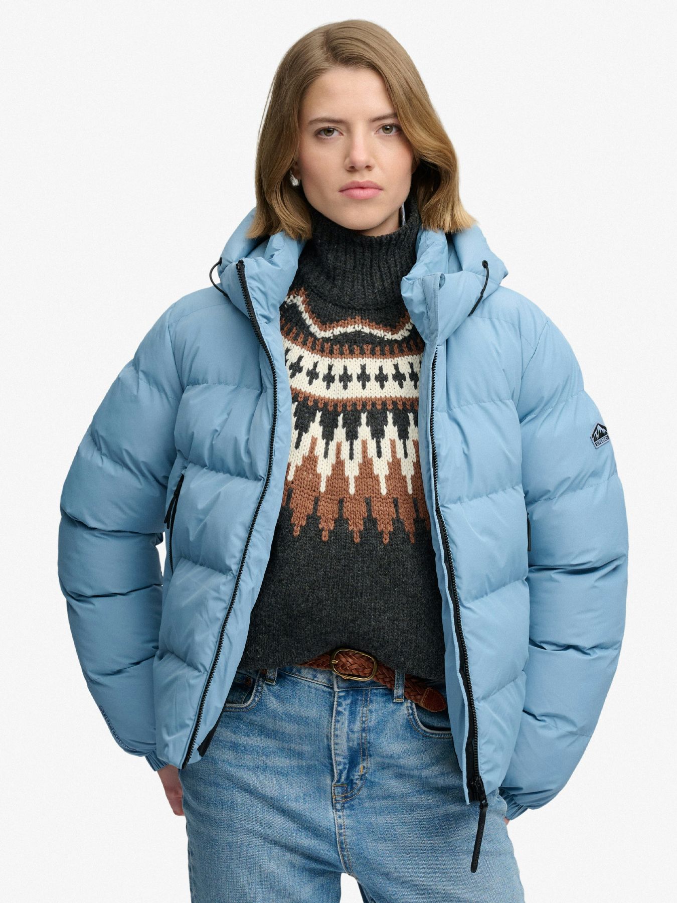 Superdry Dames Hooded Sports Puffer Jacket qs8 Washed Denim Blue 00119631-EKA26009000000005