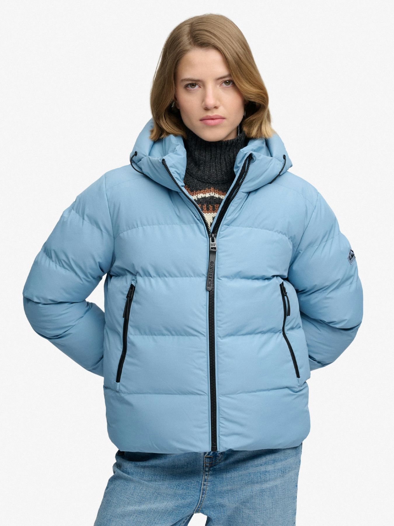 Superdry Dames Hooded Sports Puffer Jacket qs8 Washed Denim Blue 2900168827038