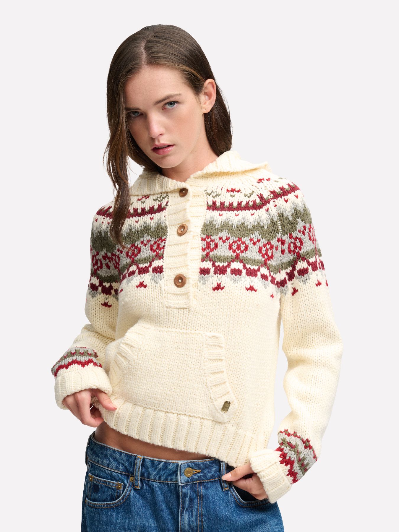 Superdry Fairisle 1/2 Button Hoodie 1gp Ecru Multi 00119638-EKA26009000000015
