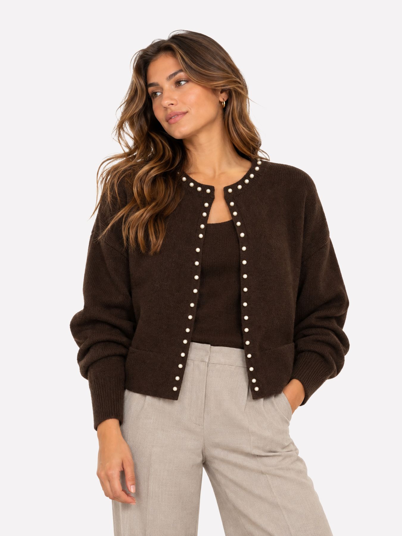 JDY JDYEMMALI L/S ONEBUTTON PEARL CARDI Coffee Bean/Los Angeles - Californi 00119661-EKA26011400003596