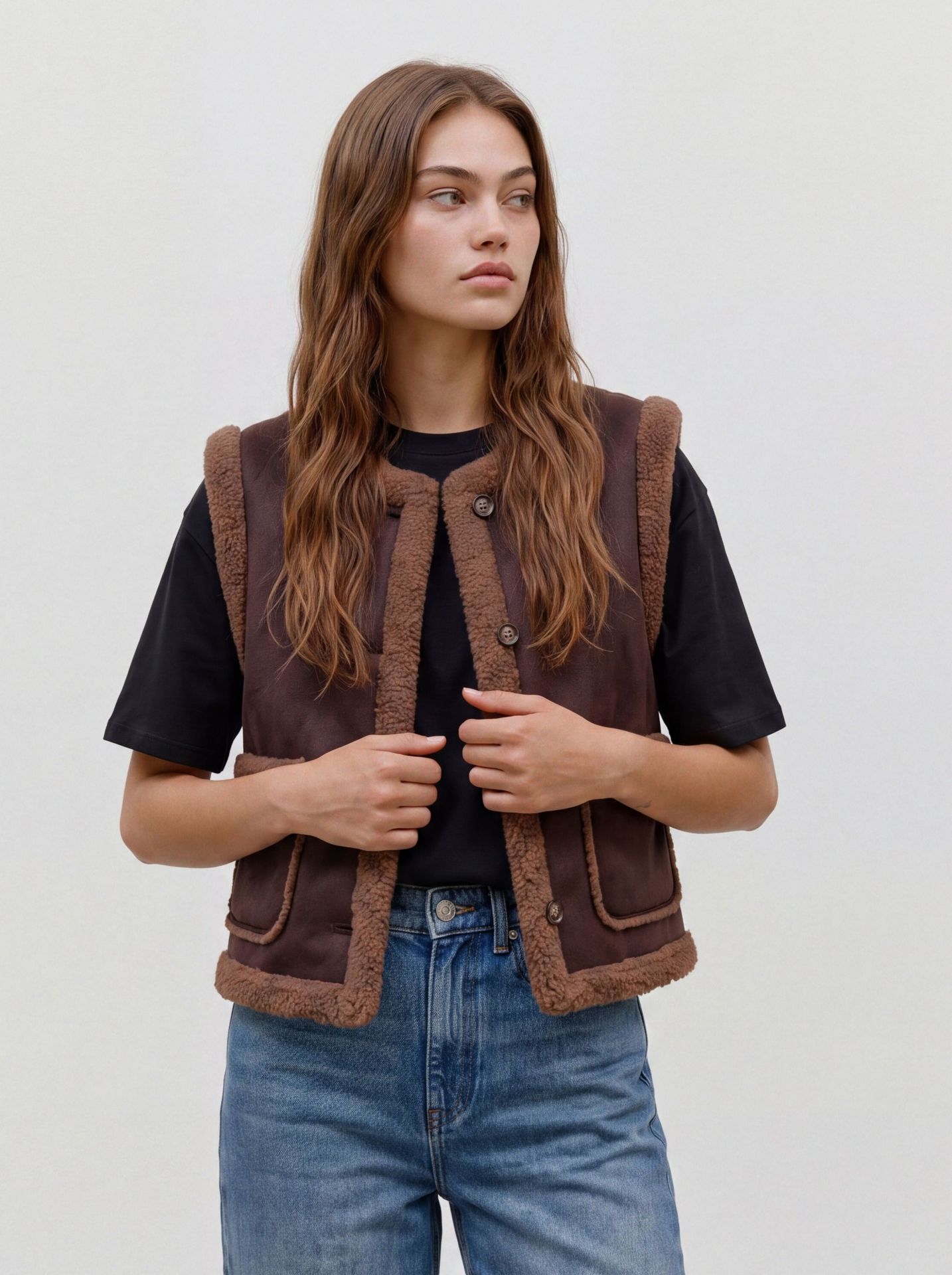 Vero Moda VMLINA SHORT TEDDY WAISTCOAT Chocolate Torte/W. MELANGE 00119671-EKA26011400003151
