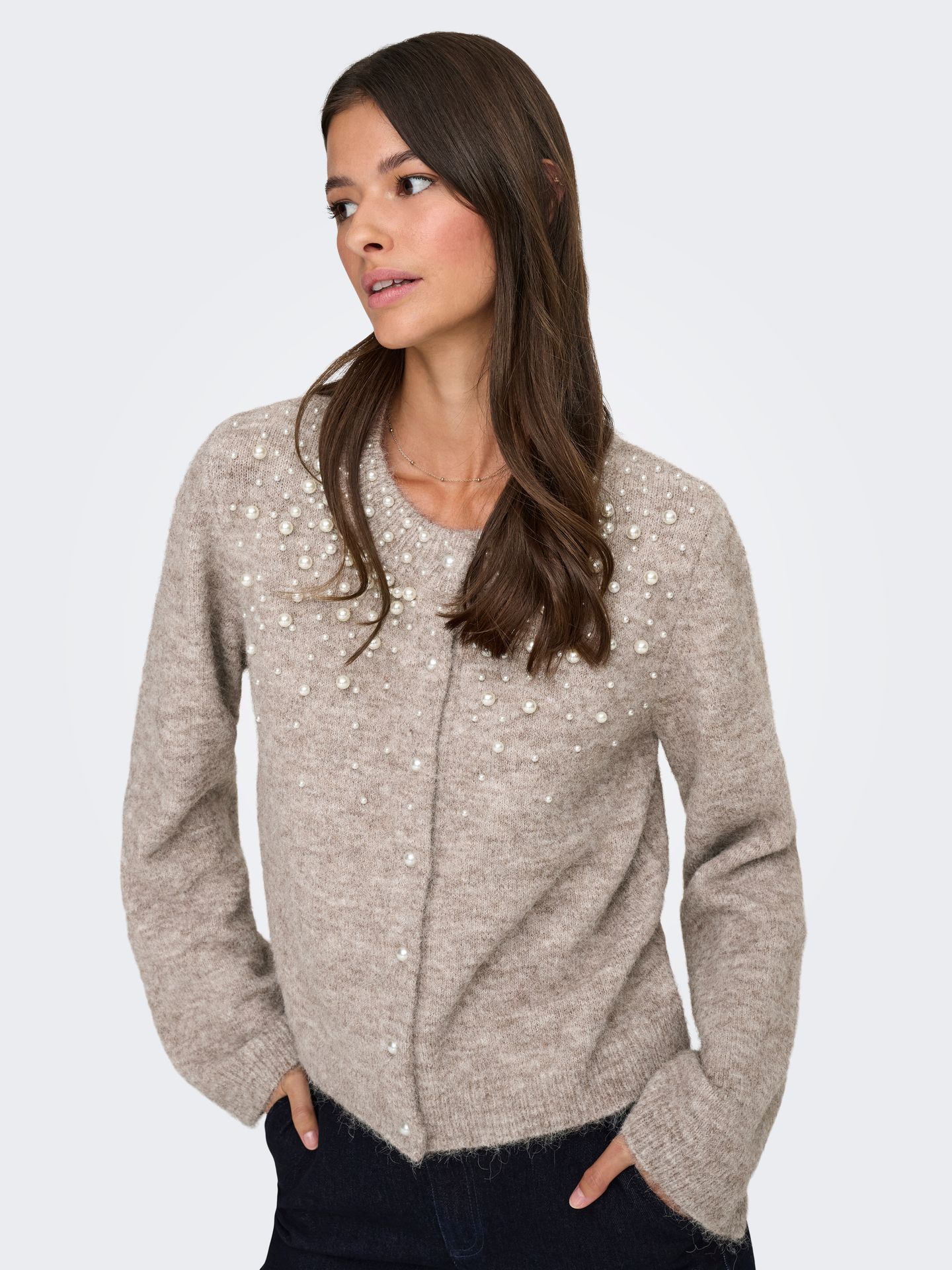 Only ONLMIGGIE LS O-NECK PEARL CARDI KNT Malt Ball/CLOUD DANCER 00119996-EKA26011400002495