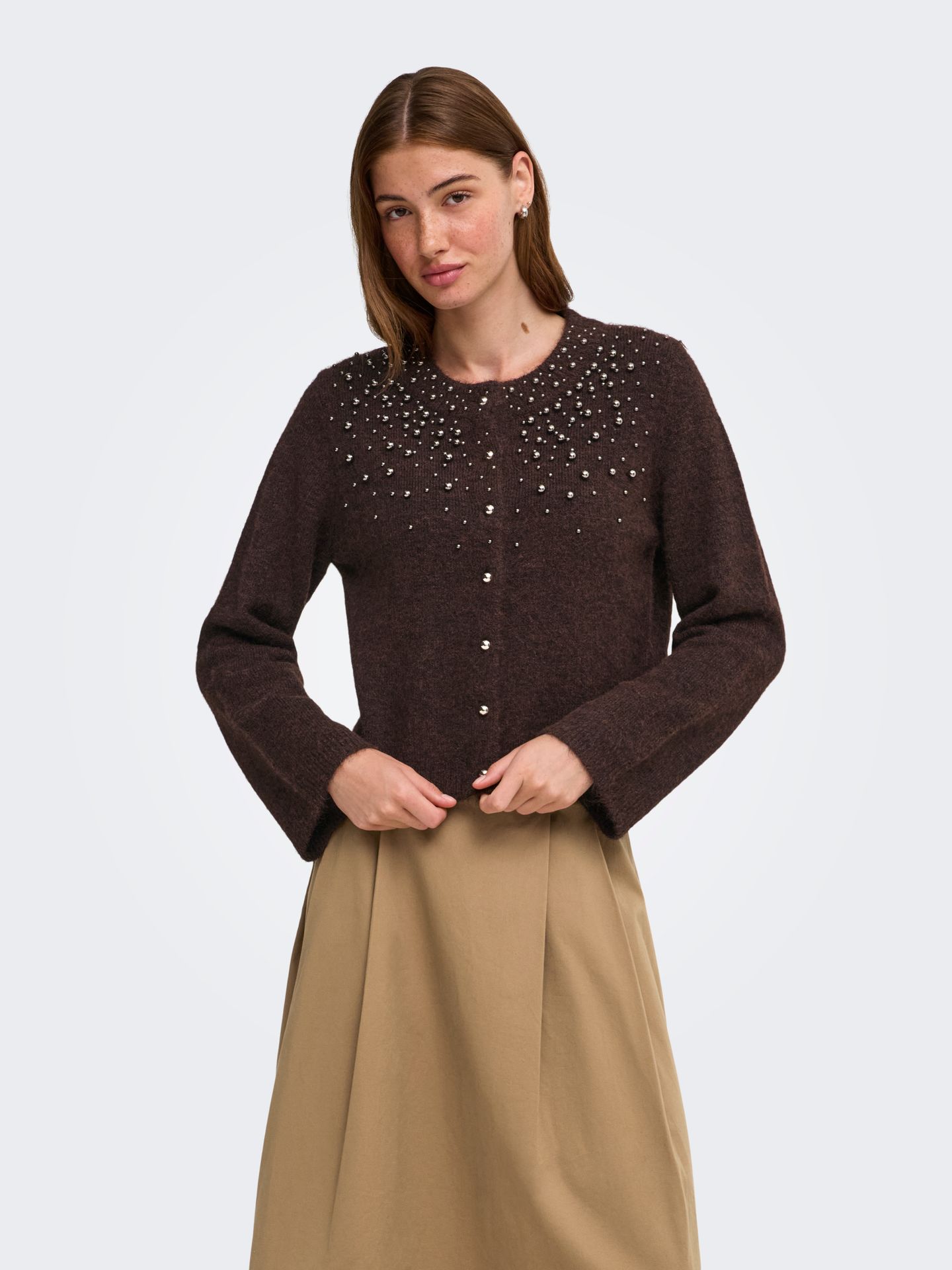 Only ONLMIGGIE LS O-NECK PEARL CARDI KNT Coffee Bean/Paris 00119996-EKA26011400003634