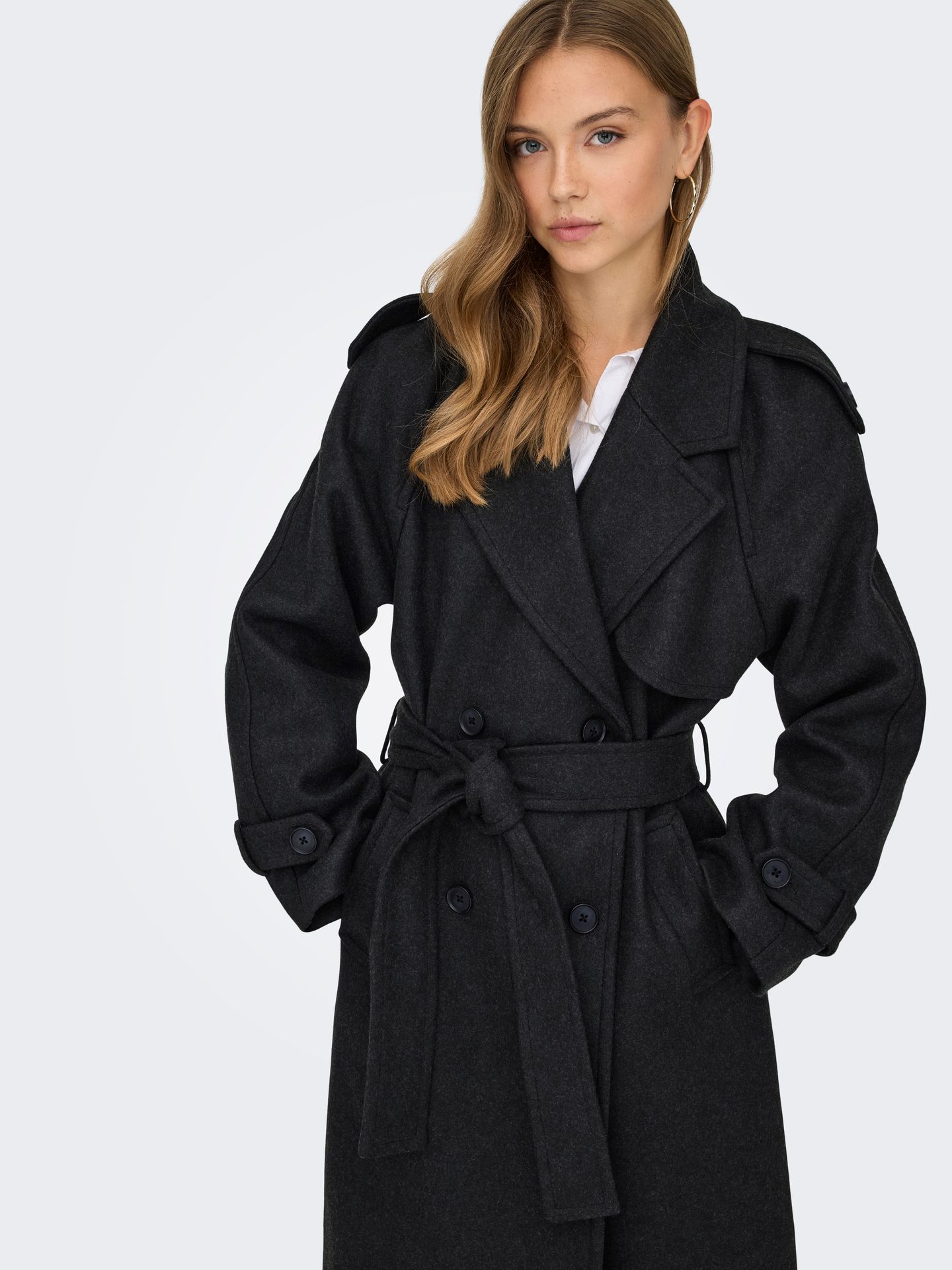 Only ONLDEAR-TRILLION LONG BELT COAT PNT Dark Grey Melange 2900169716058