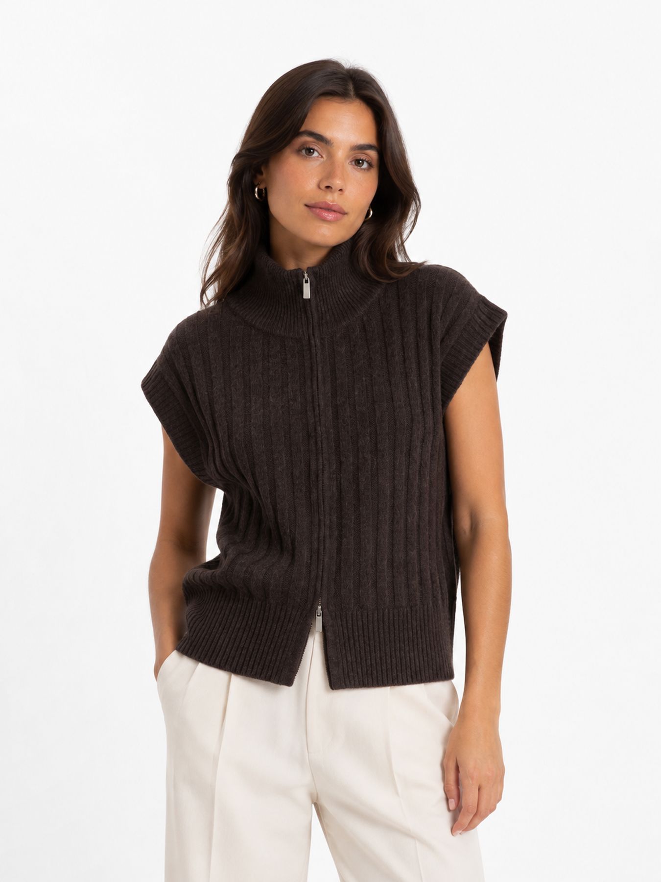 Vero Moda VMBANG RIB SL HIGHNECK ZIPPER VEST Chocolate Torte/MELANGE 2900170133042