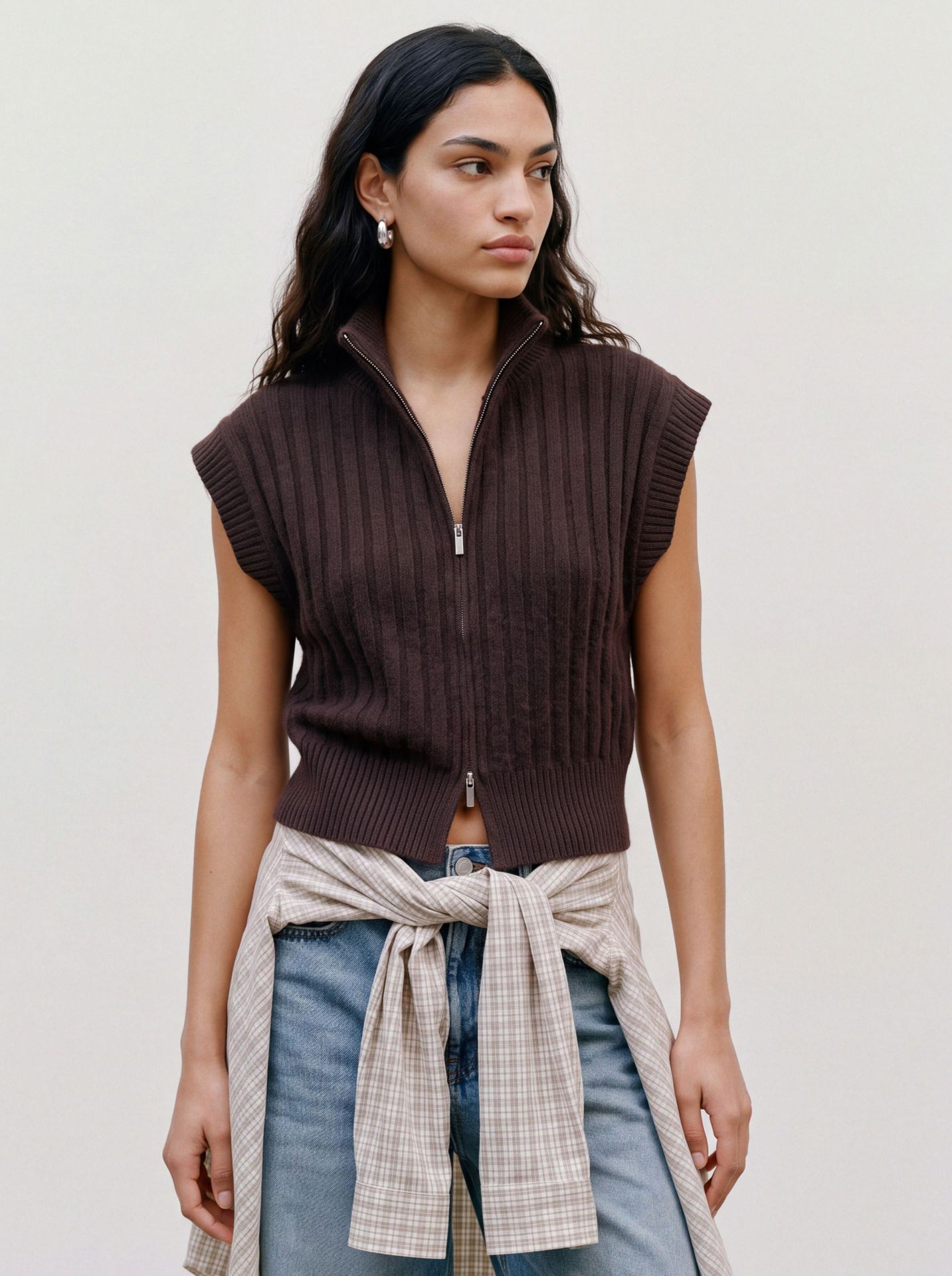 Vero Moda VMBANG RIB SL HIGHNECK ZIPPER VEST Chocolate Torte/MELANGE 00120359-EKA26011400003157