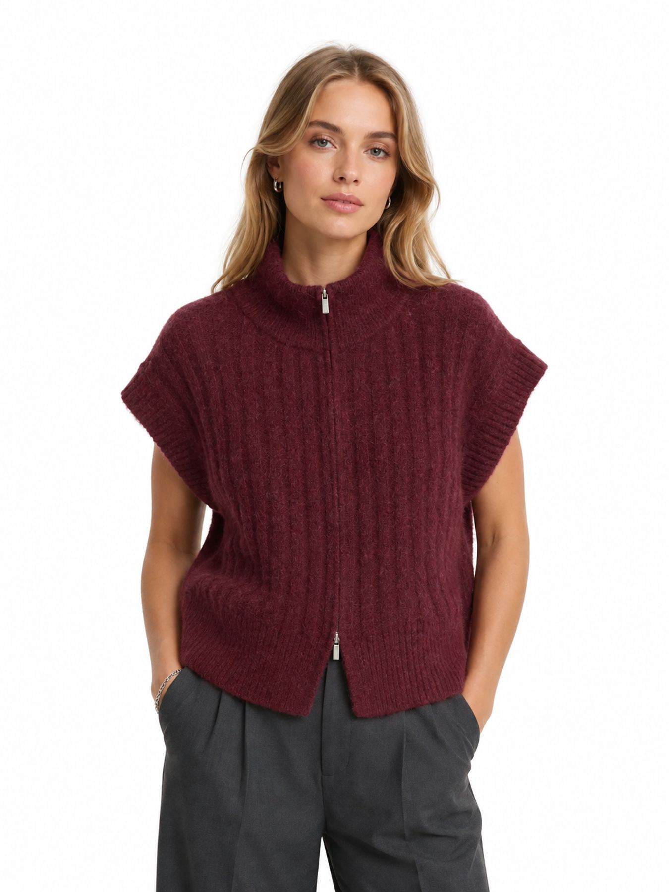 Vero Moda VMBANG RIB SL HIGHNECK ZIPPER VEST Windsor Wine/W. WHITE HEARTS 00120359-EKA26011400003655