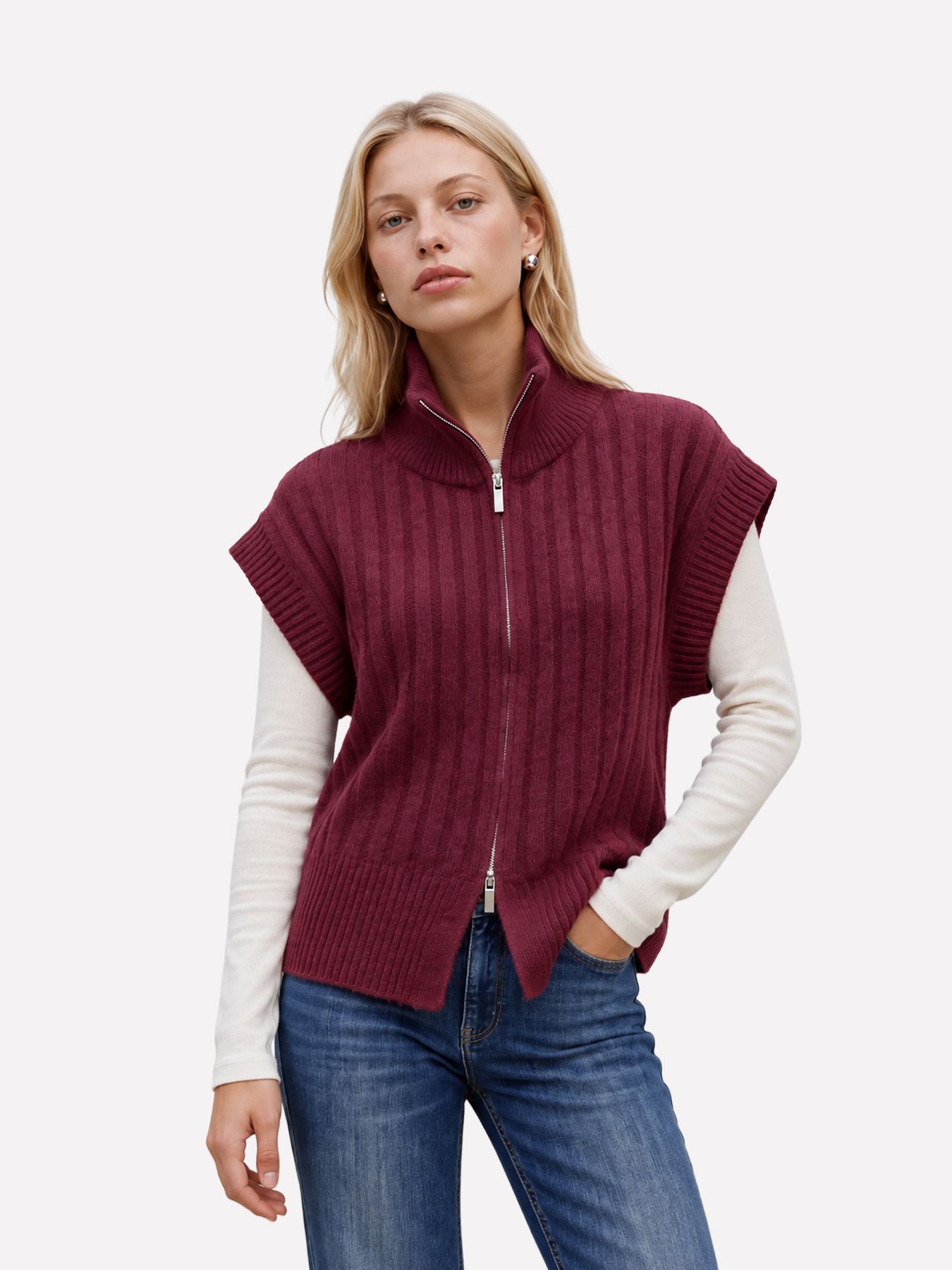 Vero Moda VMBANG RIB SL HIGHNECK ZIPPER VEST Windsor Wine/W. WHITE HEARTS 00120359-EKA26011400003655