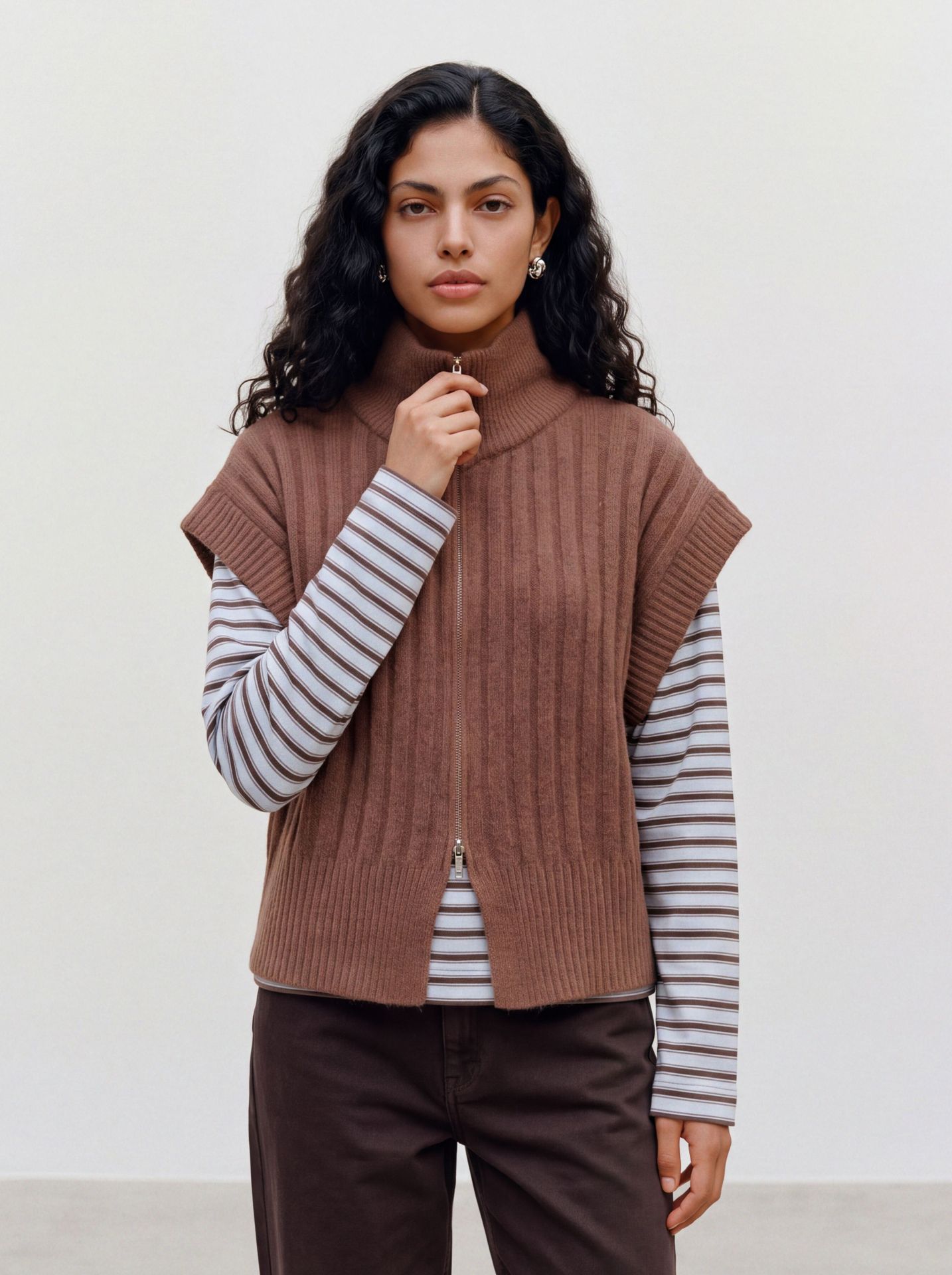Vero Moda VMBANG RIB SL HIGHNECK ZIPPER VEST Cocoa Brown/MELANGE 00120359-EKA26011400003769