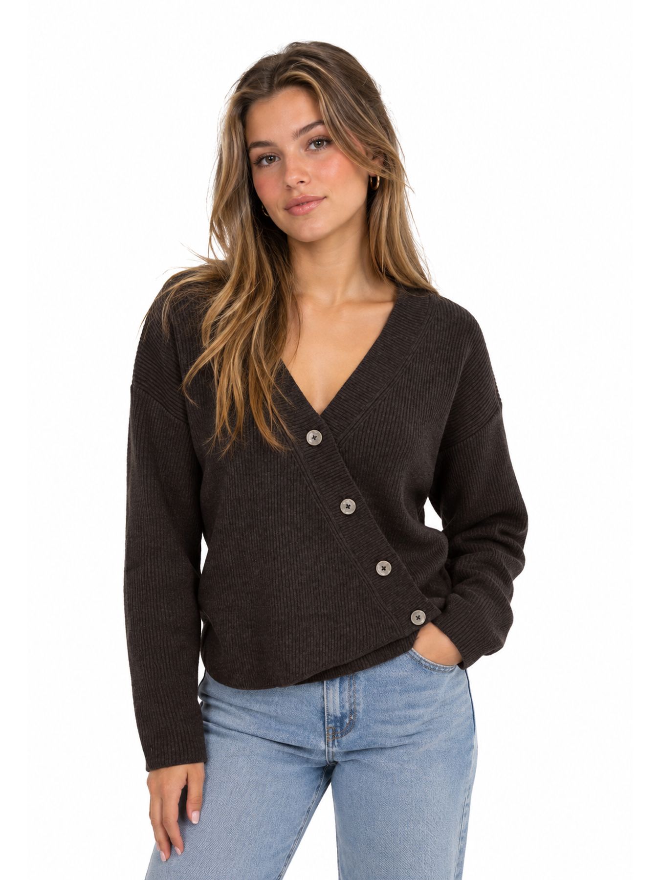 Only ONLKATIA LS RIB BUTTON CARDI CC KNT Chocolate Torte/Black/birch stripe 00120398-EKA26011400003041
