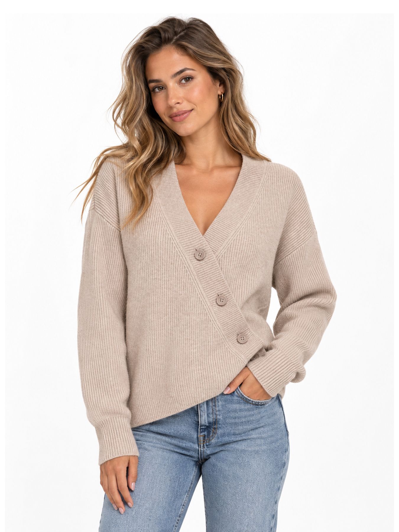 Only ONLKATIA LS RIB BUTTON CARDI CC KNT Mocha Meringue/Melange/Dtm Button 00120398-EKA26011400003771