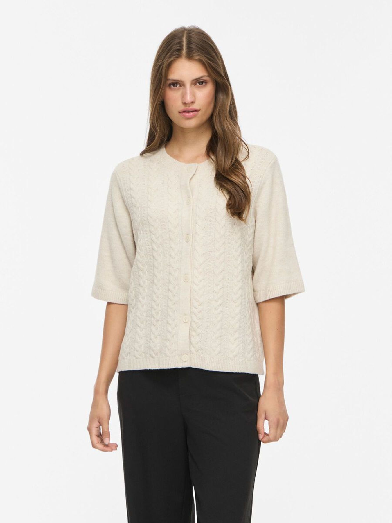 Object VILIGA 2/4 CABLE KNIT CARDIGAN Birch/Black beauty 00120556-EKA22000400000150