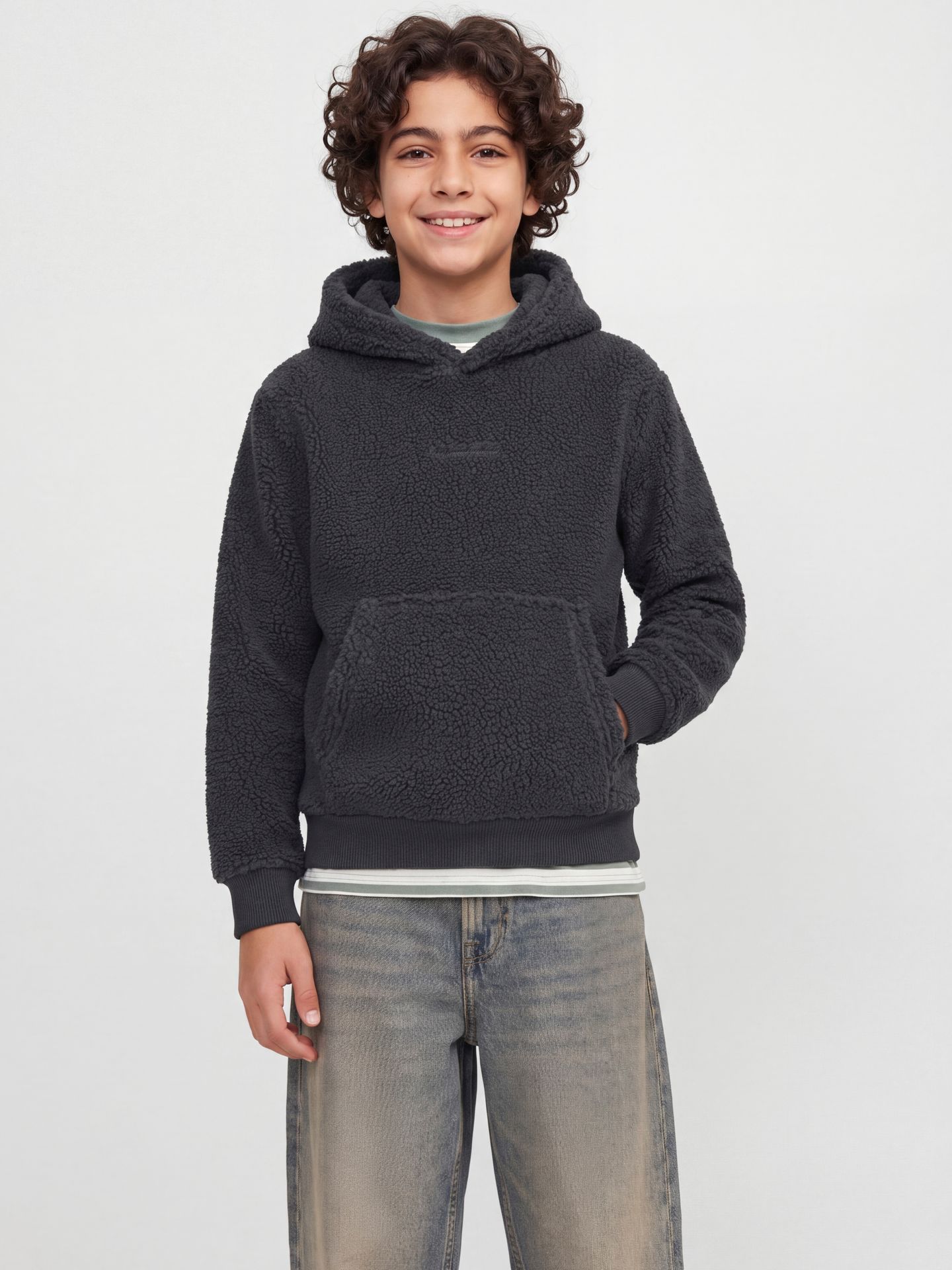 Jack & Jones JORNORREBRO EMB TEDDY SWEAT HOOD JN Asphalt 00120560-EKA26011400000711