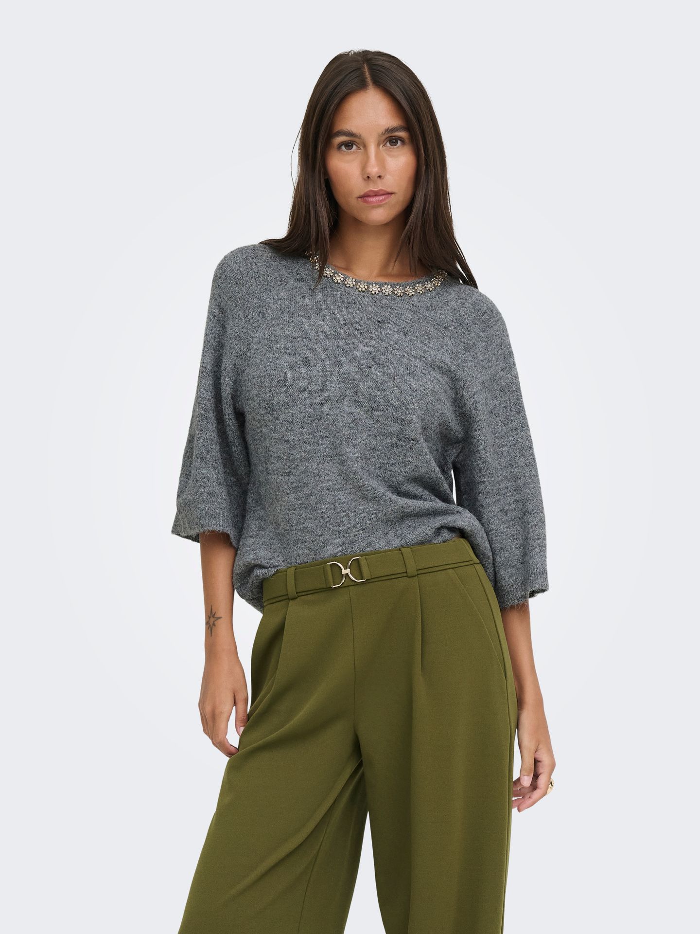 Only JDYALVA 3/4 EMBELLISH PULL KNT NOOS Dark Grey Melange/Gun metallic 2900171066011