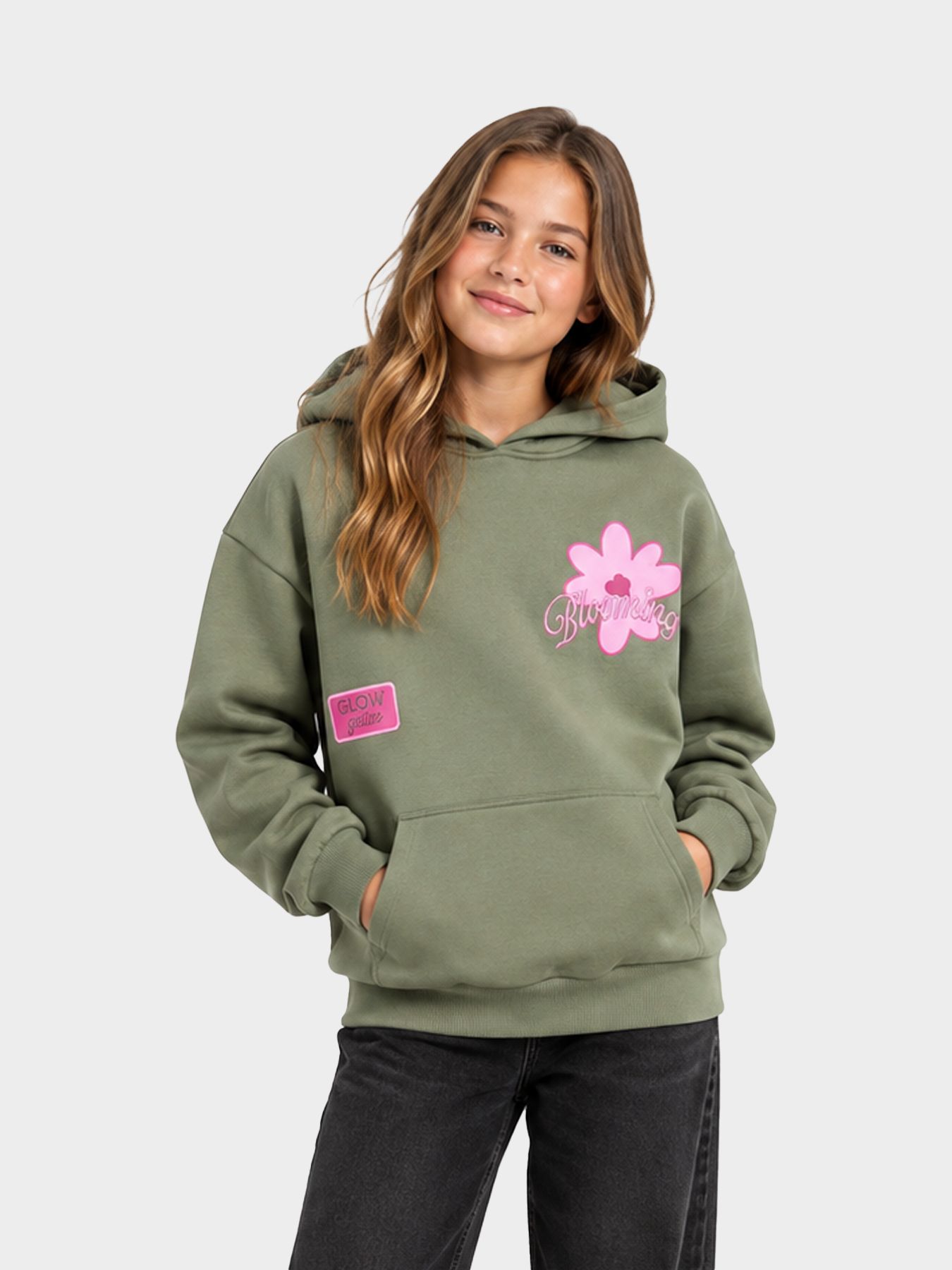 Only KOGHOLLA L/S HOOD PRINTED SWT GRL Smokey Olive/Bloom 00120939-EKA26011400003799