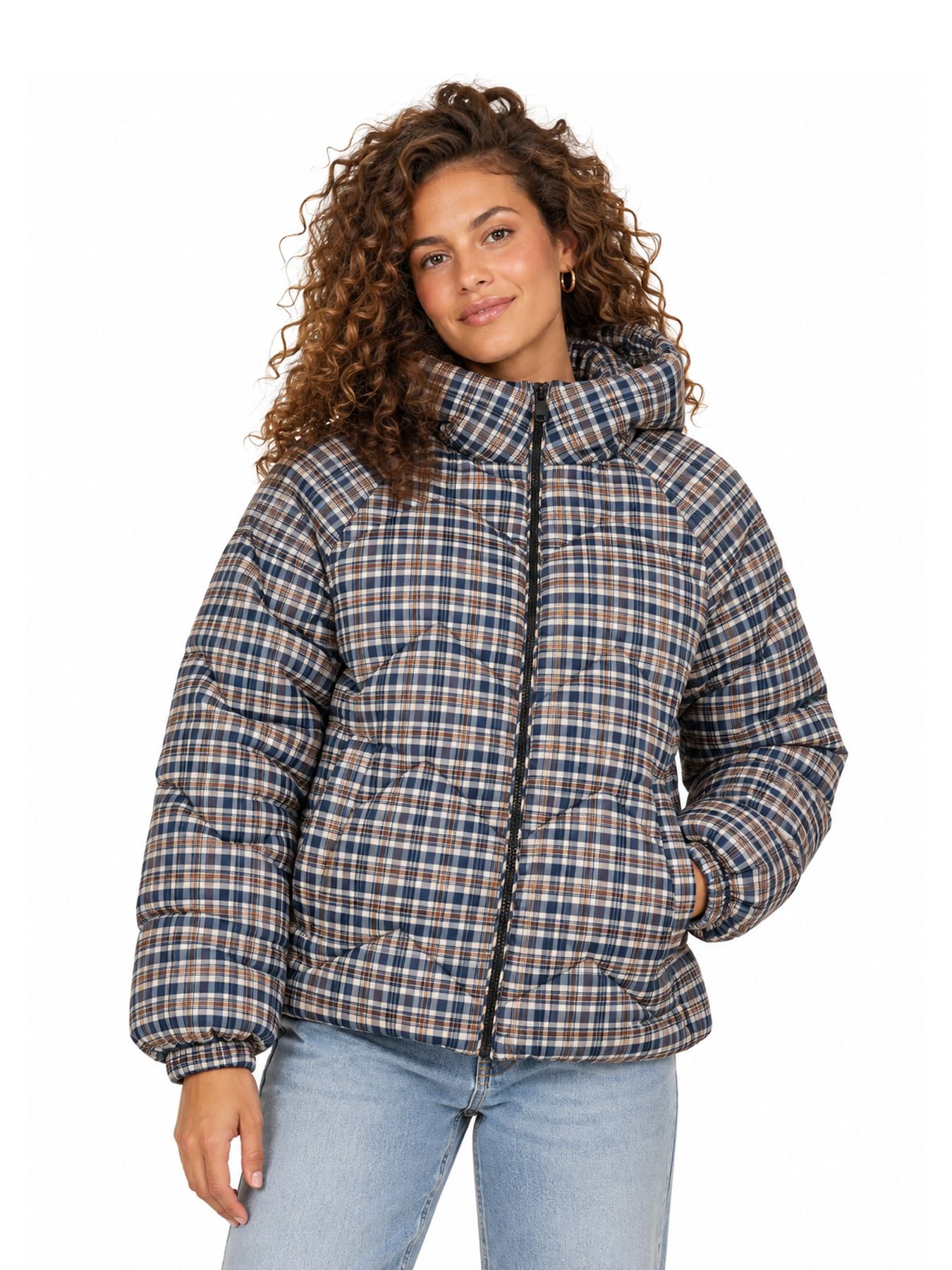 Only JDYPOWER SHORT CHECK HOOD PUFFER OT Black Iris/MELANGE 00121264-EKA26011400003297