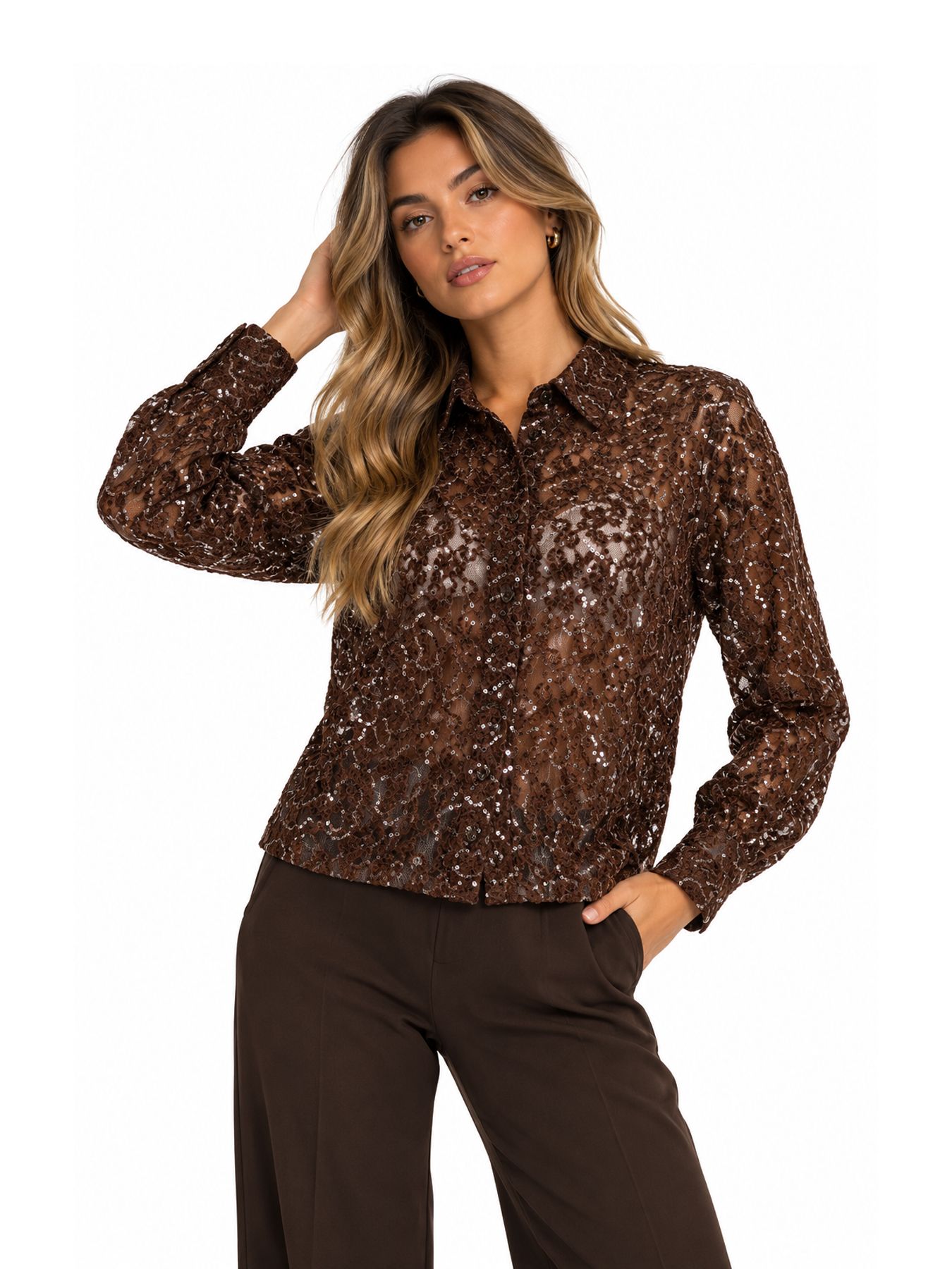 Esqualo Blouse short velvet lace sequins 185 coffee 00121361-EKA26009300000059
