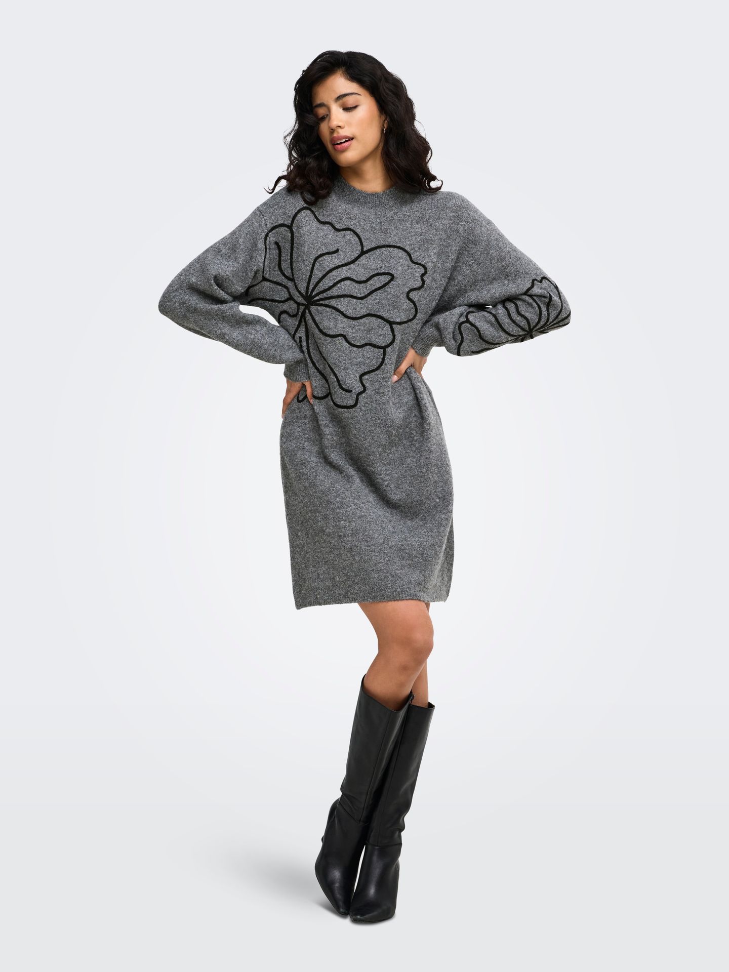 JDY JDYJELLA L/S FLOWER DRESS KNT Medium Grey Melange/CHECKS 2900172414040