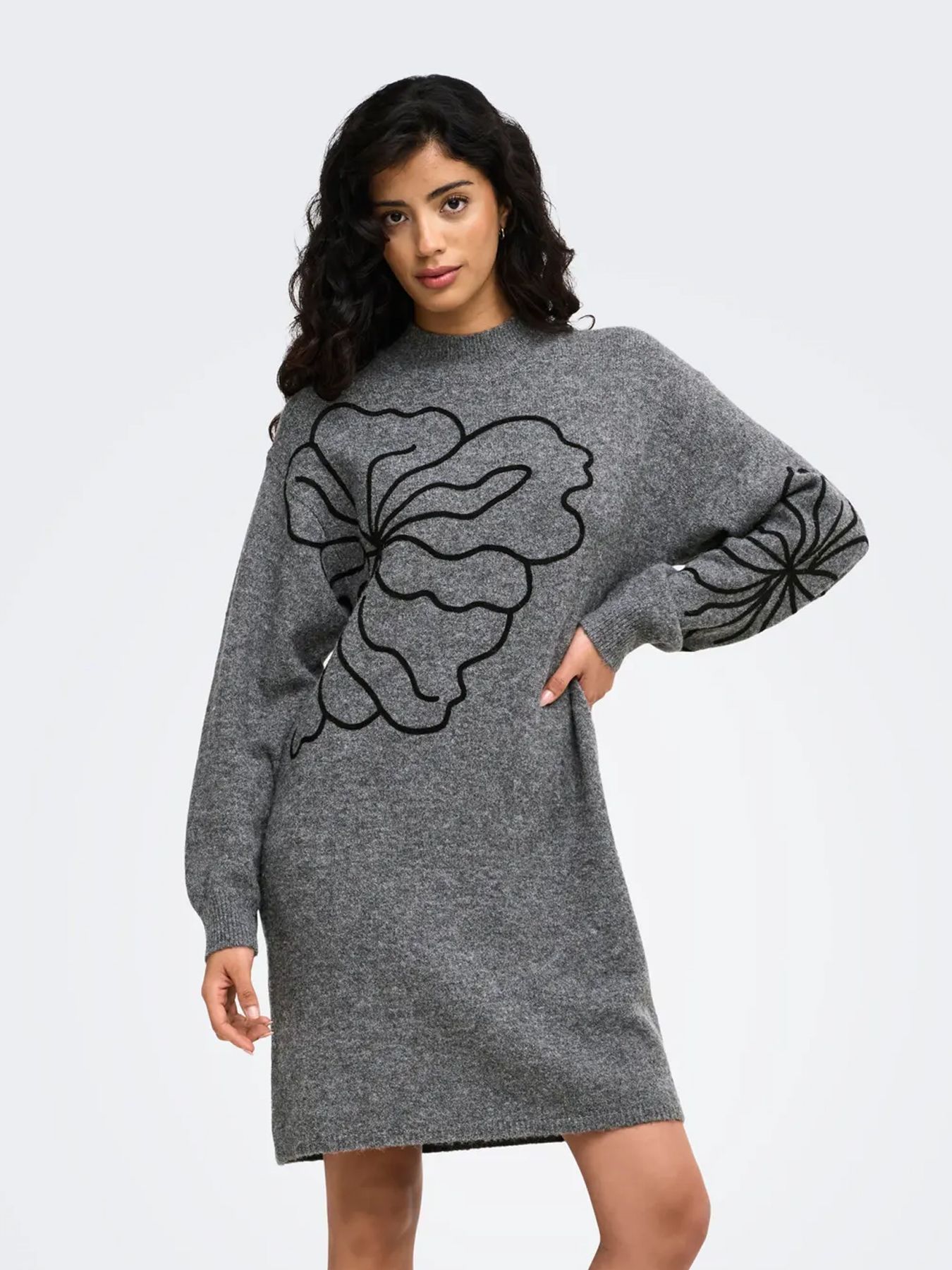 JDY JDYJELLA L/S FLOWER DRESS KNT Medium Grey Melange/CHECKS 00121657-EKA26011400000761