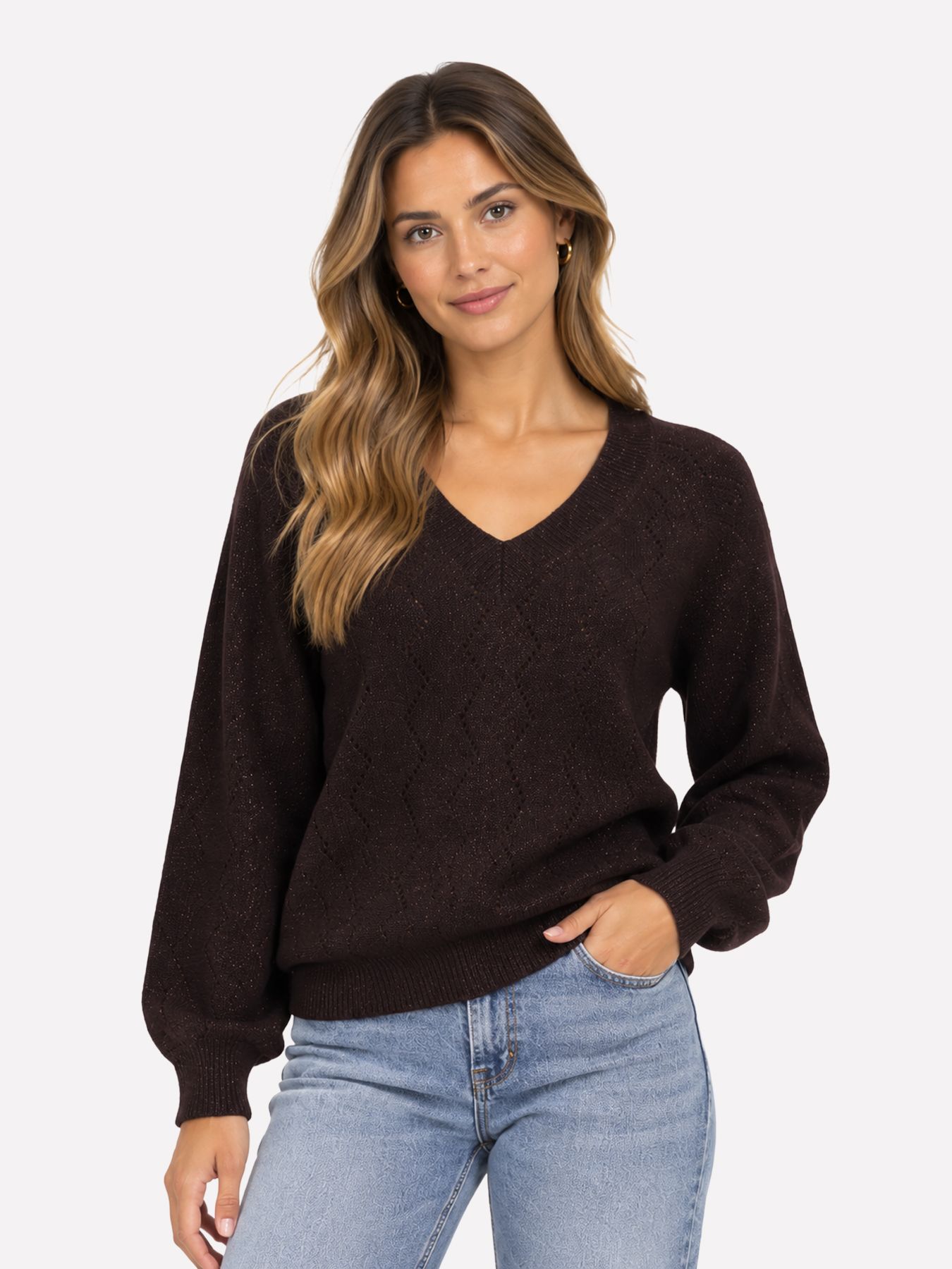 JDY JDYASPEN LIFE L/S V-NECK PULLOVER K Chocolate Plum/W. DTM LUREX 00121663-EKA26011400003818