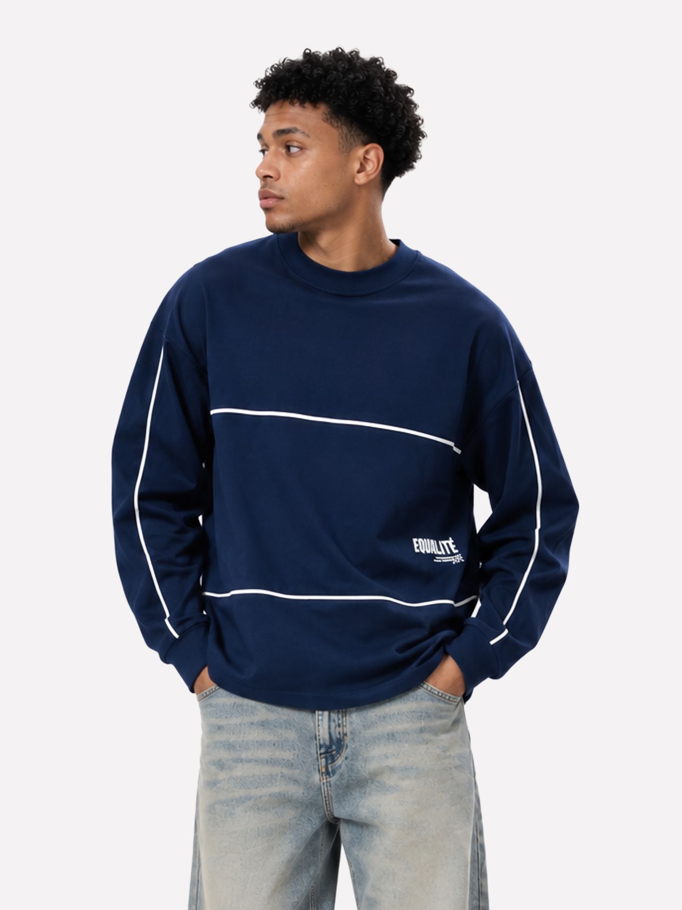 EqualitÃ© Bruno line longsleeve tee Navy/ Off white 00121709-319