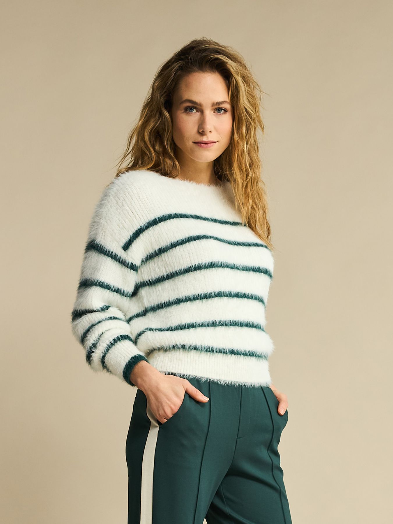 Red Button Fuzzy Sweater & Stripe Ecru/Pine449 2900153873033 Red Button Fuzzy Sweater & Stripe Ecru/Pine449 2900153873033