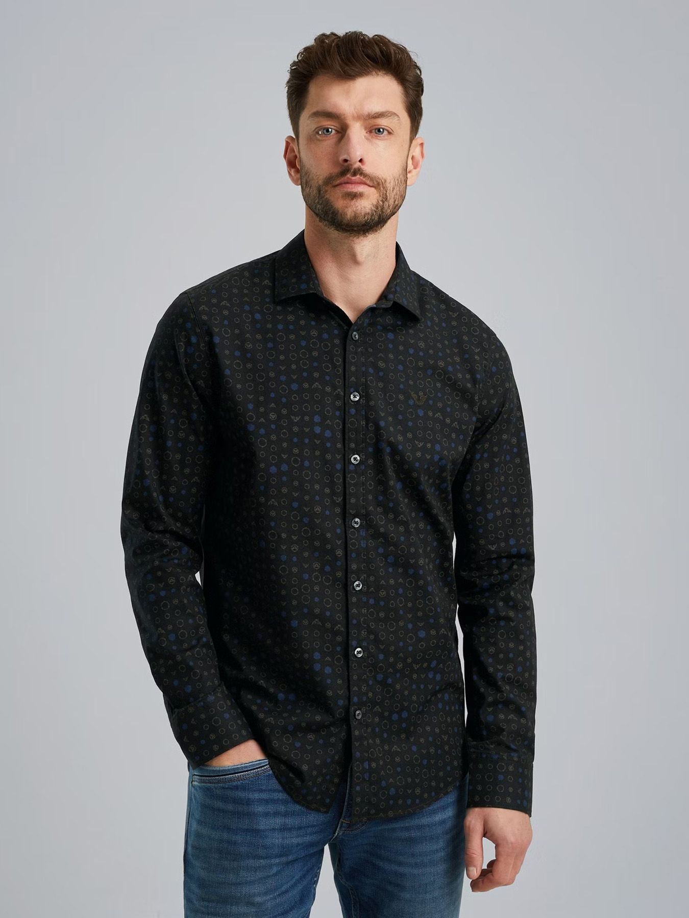 Pme Legend Long Sleeve Shirt Print on Poplin Black Onyx 00108518-9139