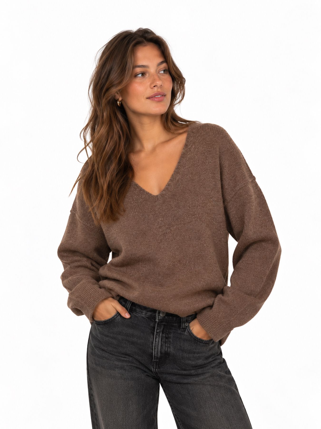 Vero Moda VMCREWLEFILE LS V-NECK BLOUSE NOOS Cocoa Brown/MELANGE 00114980-EKA26011400003736