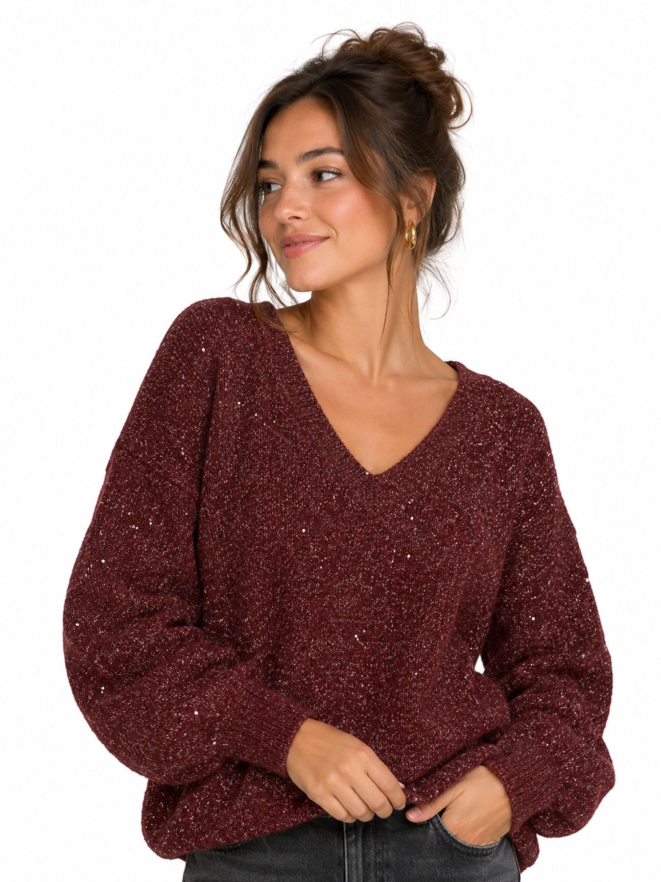 Vero Moda VMDEMI LS V-NECK PULLOVER BOO Windsor Wine/(CL062) W. SILVER SEQU 00120125-EKA26011400003753