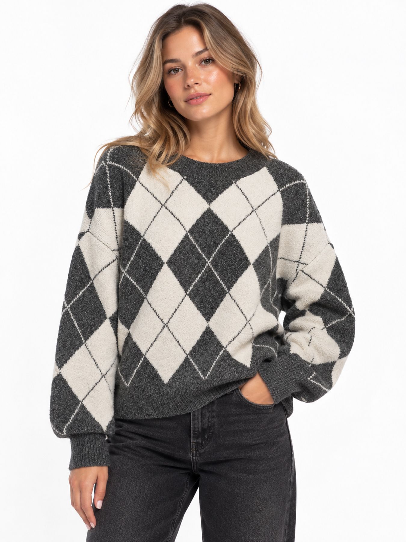 Vero Moda VMDOFFY JAQUARD LS O-NCK PULLOVER N Dark Grey Melange/W. BIRCH / ARGYLE 00120350-EKA26011400003761
