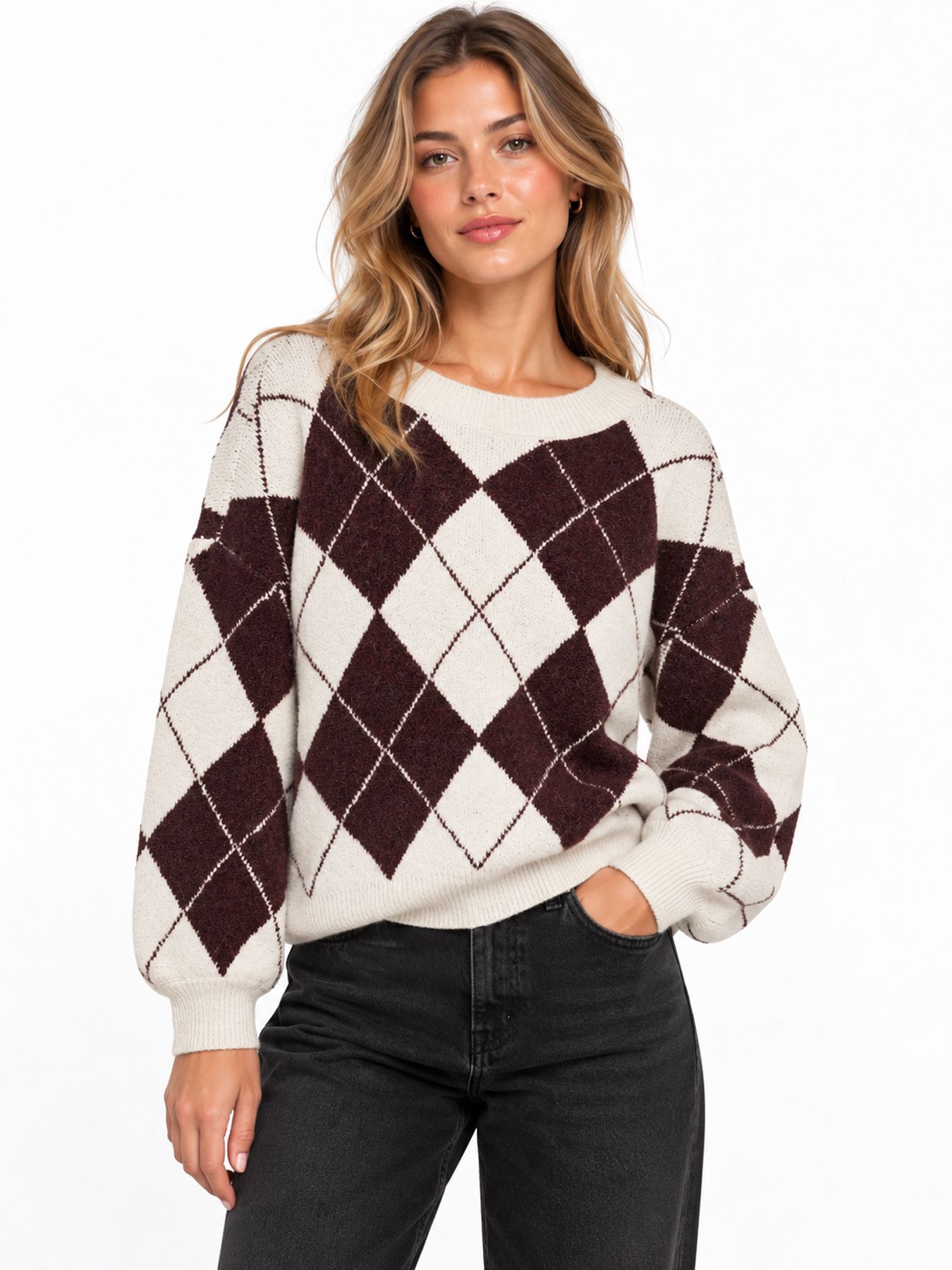 Vero Moda VMDOFFY JAQUARD LS O-NCK PULLOVER N Birch/W. WINDSOR WINE / ARGYLE ARTW 00120350-EKA26011400003762
