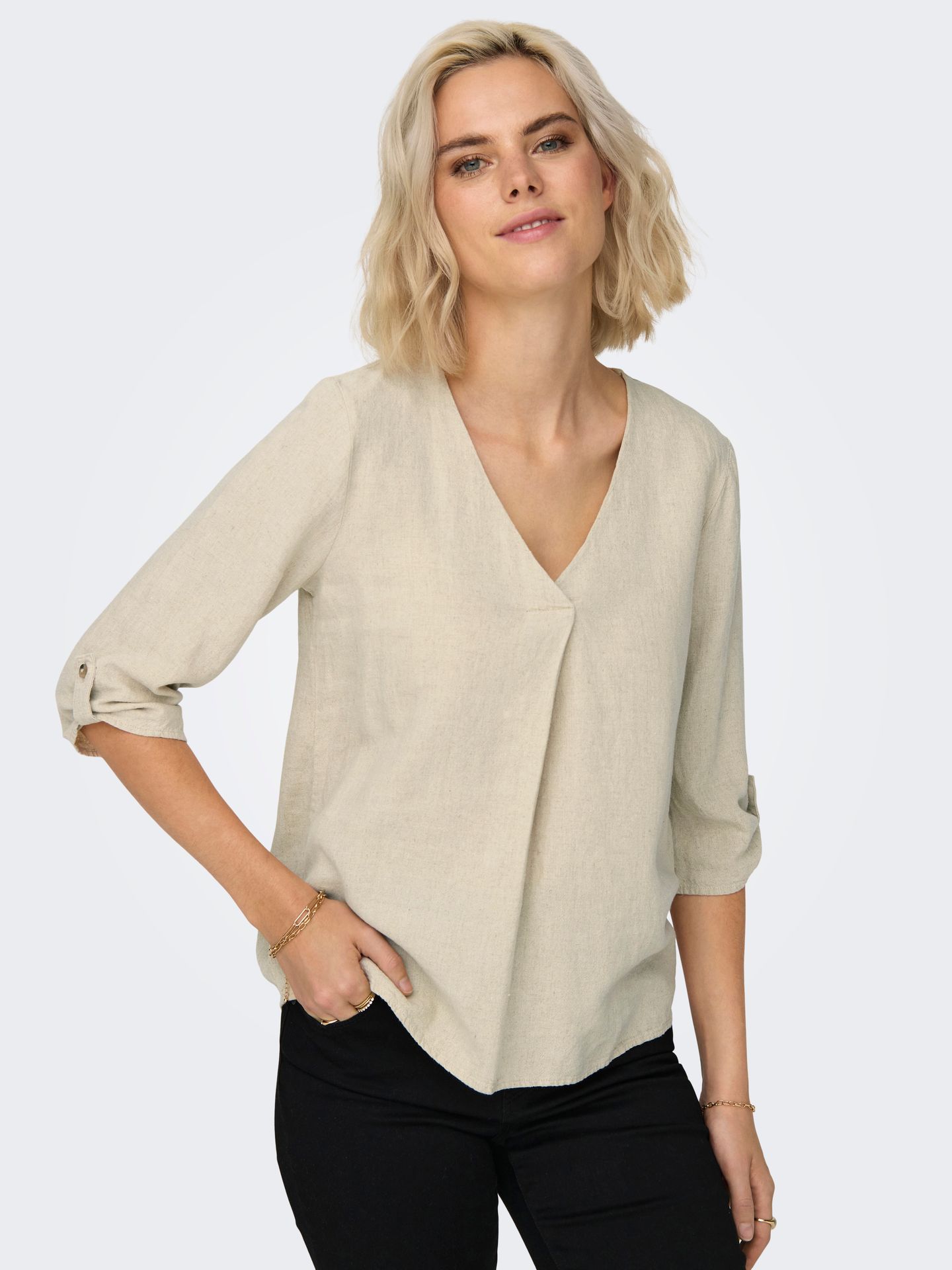 JDY JDYSAY 3/4 LINEN V-NECK TOP WVN DIA Oatmeal/MELANGE 2900154286023