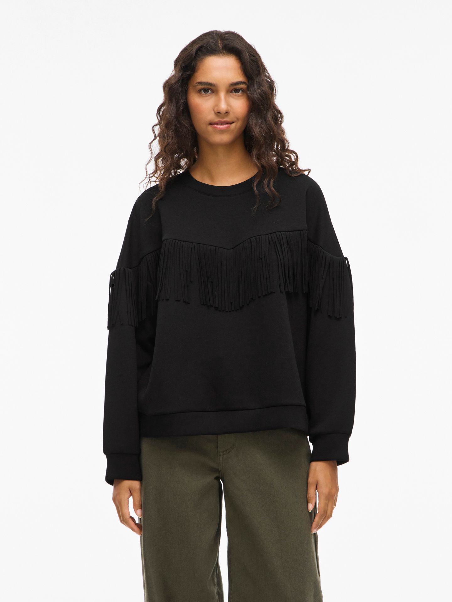 Object VIREFLECT L/S O-NECK FRINGE SWEATSH Black Beauty 00115477-EKA22000400000159